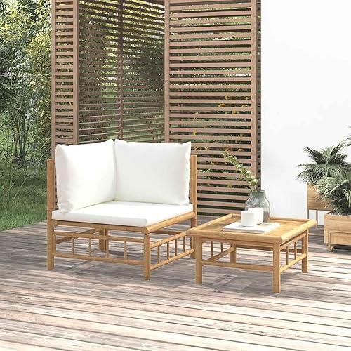 2-Piece Garden Lounge Set, Cream White Bamboo Outdoor Furniture, Durable