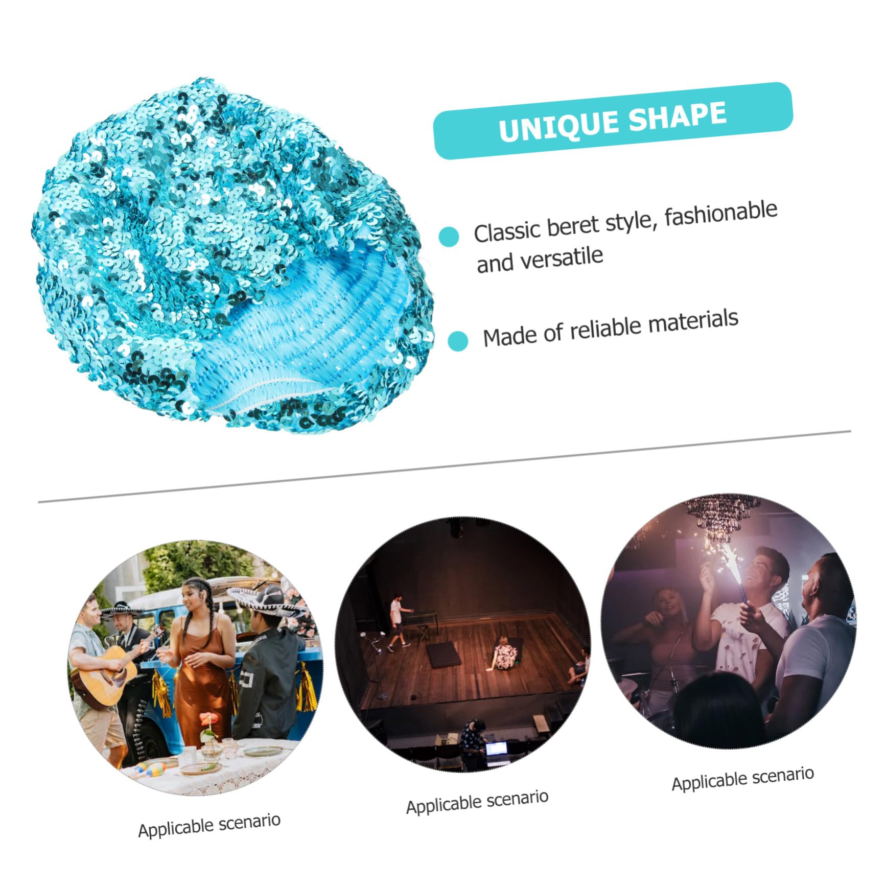 Ipetboom Sequin Beanie Hat Women's French Beret for Dance Performances Sparkly Shining Cap Rave Costume Hat Sky-Blue