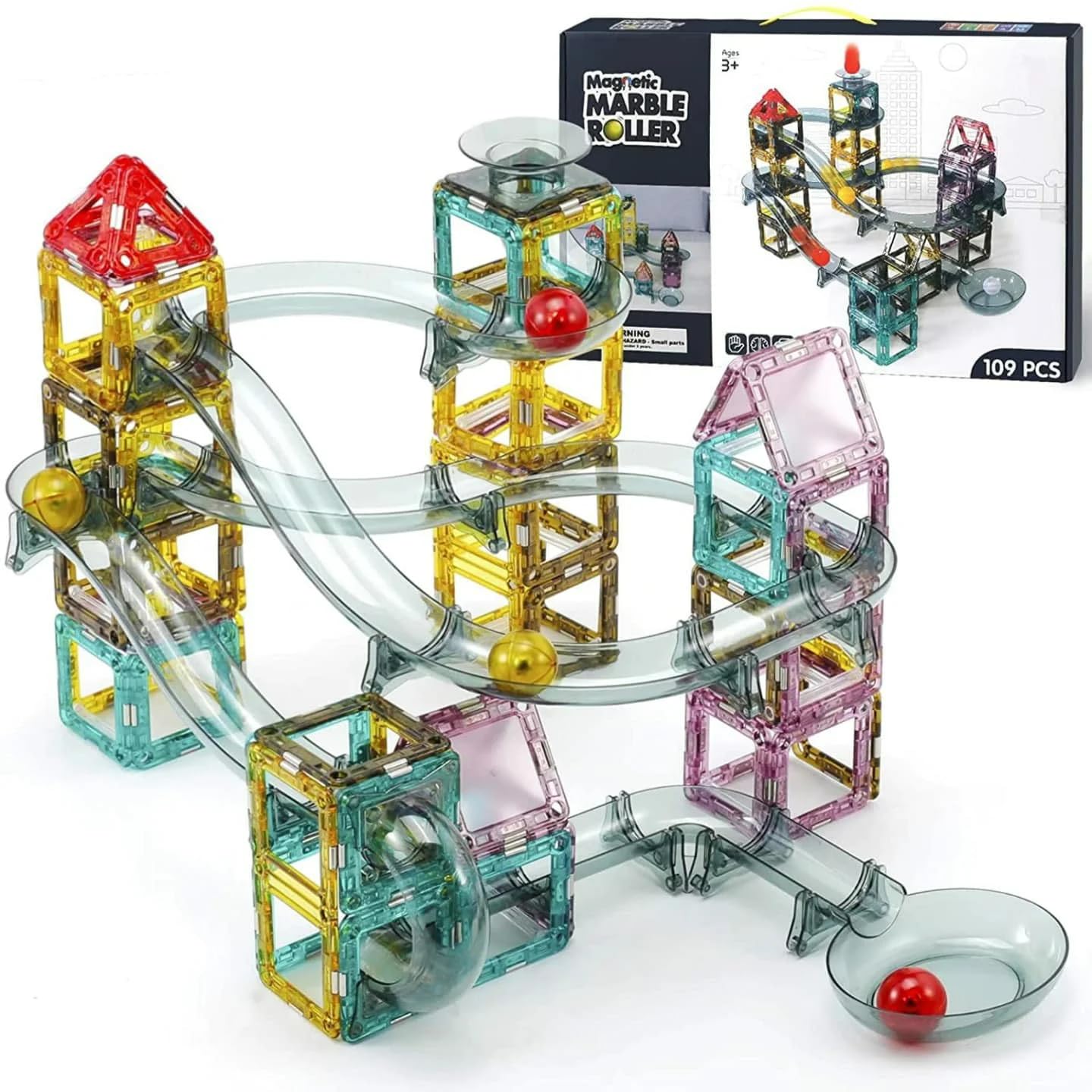 Jet Roy Magnetic Tiles- Building Blocks Marble Run | 3D STEAM Toys for Kids Age 6+Year Old Boys Girls | Light & Musical Marble Run Magnetic Tiles Creative Gift (Multicolor) (109 Pcs)-image-8