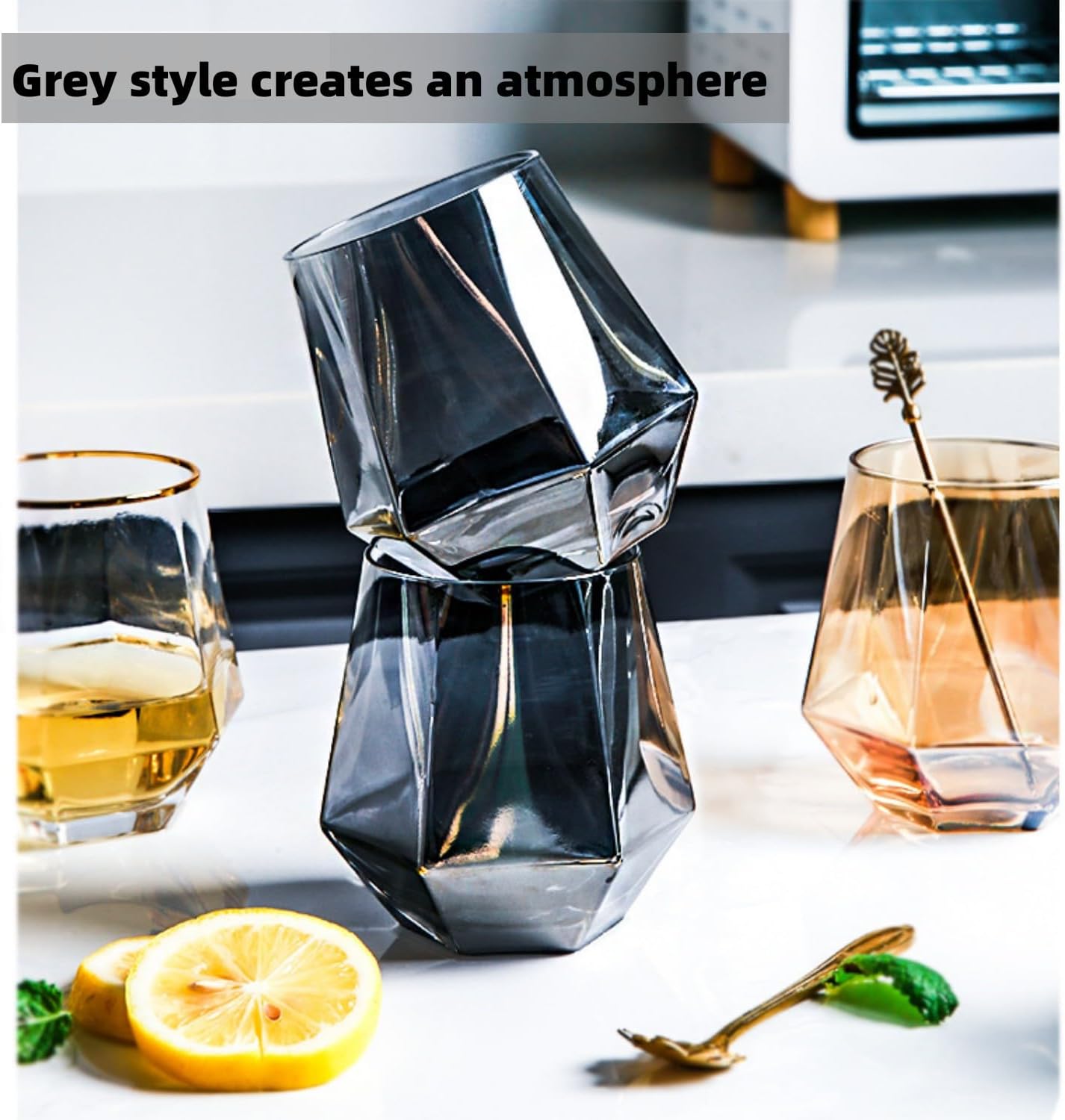 Wine Glasses Set Of 4,Stemless Diamond Wine Glass Shape 10 Oz Gray Christmas Glassware Dishwasher Safe, Spill-Proof Design For Red Wine, Cocktail, Whiskey, Bourbon for Wine Lovers (Gray) - Image 2