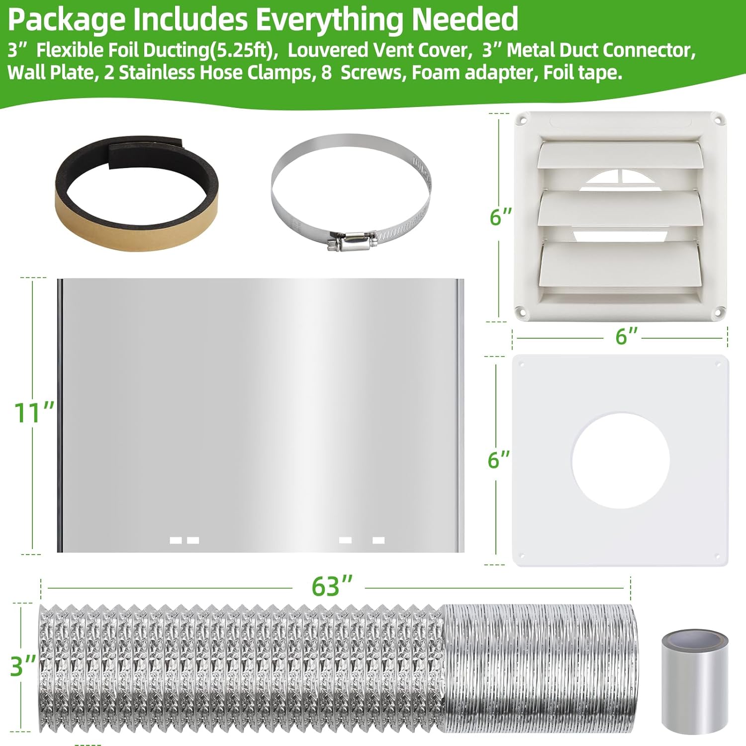 Dryer Vent Kit Through Wall with Hose/Duct Connector/Wall Plate,3 Inch Dryer Vent Hose Connector Ducting Kit for Bathroom Exhaust Fan Ventilation,Ceiling Washer Air Circulation