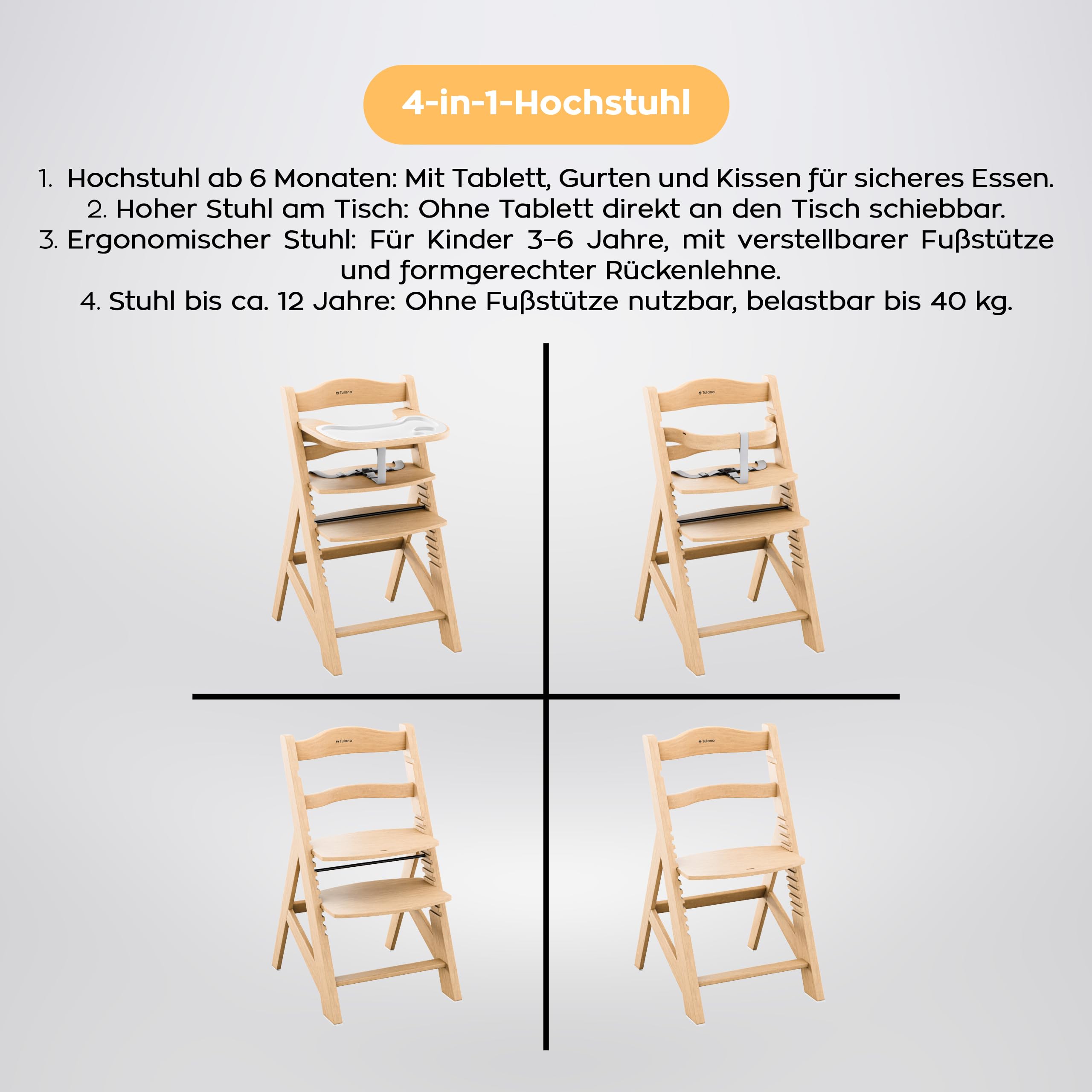 Tulano Morsel 40 Kinderhochstuhl Holz – Mitwachsender Hochstuhl Baby 4in1 – Hochstuhl mit Tisch – 11-fach Verstellbar – Für Kinder ab 6 Monate bis 12 Jahre – Belastbar bis 40 kg – Eiche Natur
