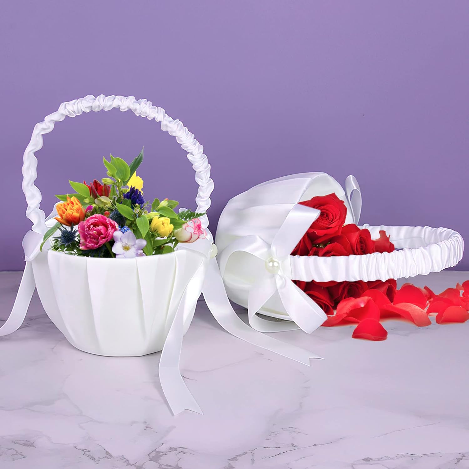 White Flower Girl Baskets for Weddings, Ivory Flower Girl Basket, Wedding Banquet Party Supplies, 8 x 5 x 3.5 Inches (4 Pcs)
