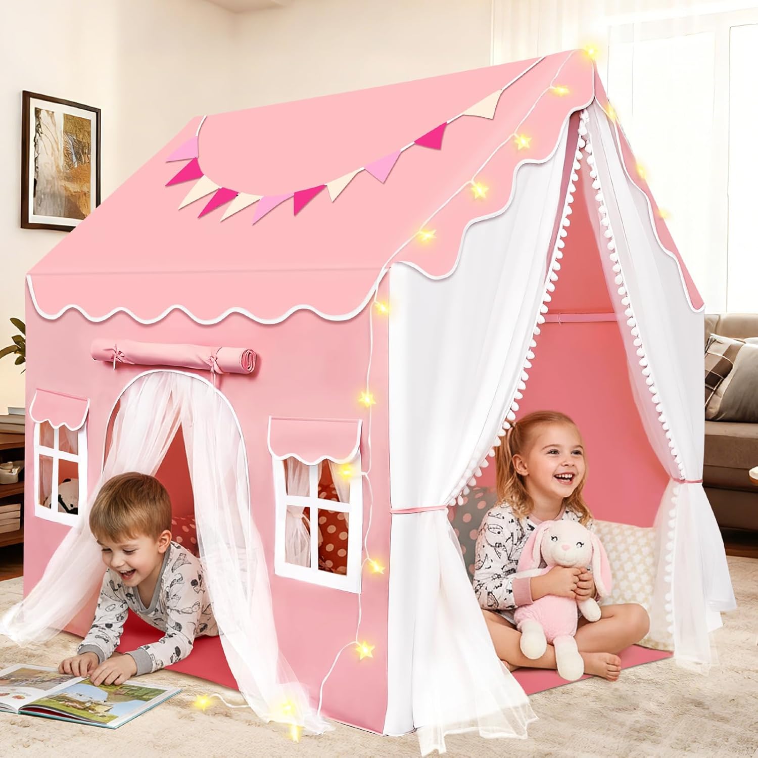 Herenear Tienda Campaña Infantil con 2 Puertas, Cabañas para Niños con Luces Banderas y Bajera, Casitas Infantiles Tela Interior, Ideal Casita Infantil para Niños Niñas (Rosa)
