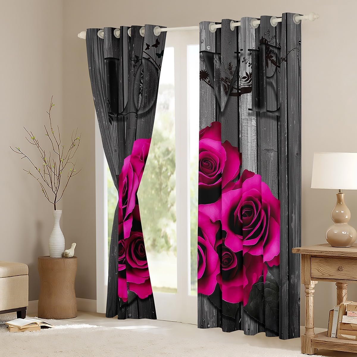 Hot Pink Rose Flowers Window Curtains 38" Wx45 L Rustic Rose Floral Curtains Valentine's Couple Darkening Drapes for Bedroom Living Room,Romantic Blossom Window Treatments 2 Panels Black Grey