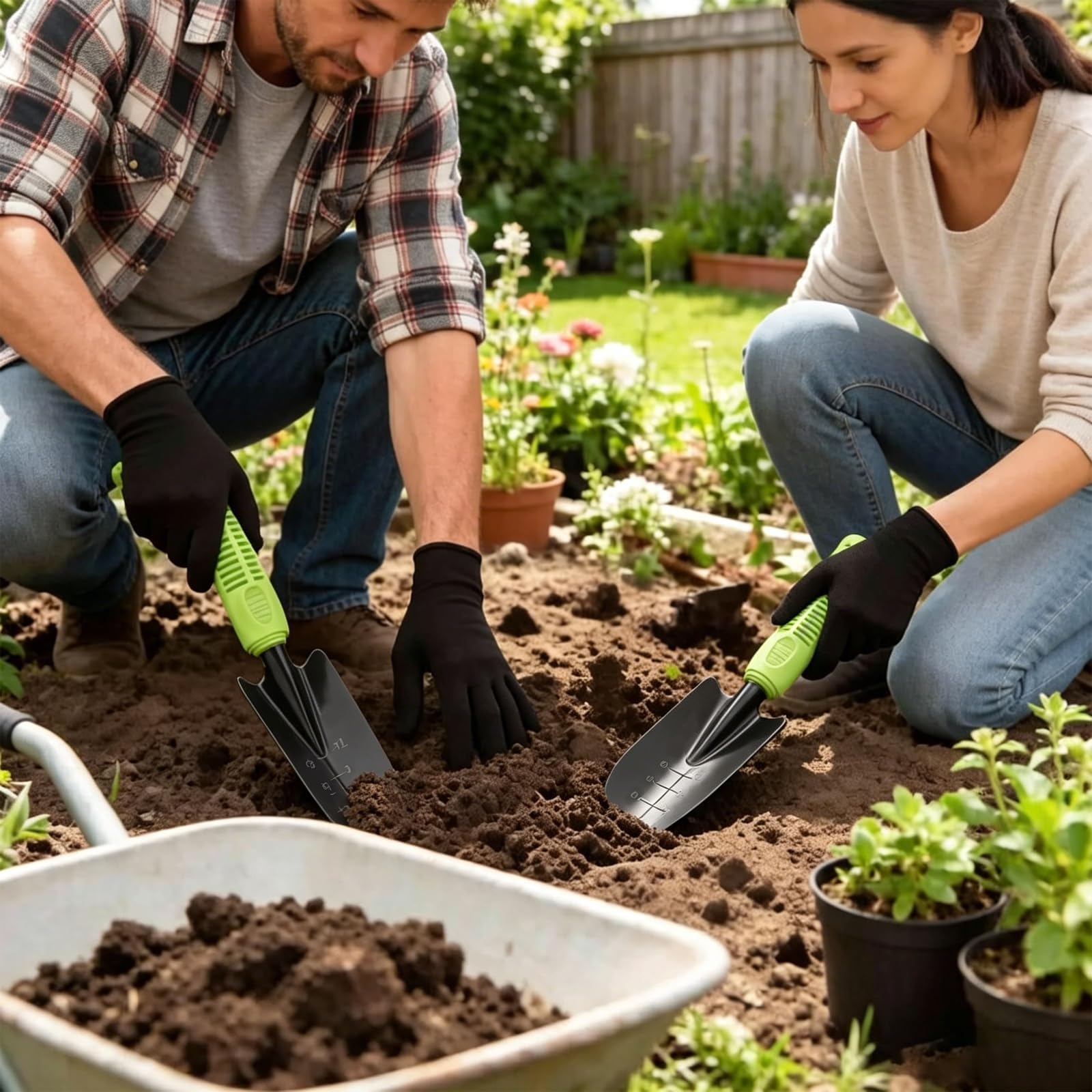 2 pala da giardino, pala da giardino con guanti neri, pala da giardino in metallo, piccola, portatile, per trapiantare piantine, diserbo e allentare (nero 1)