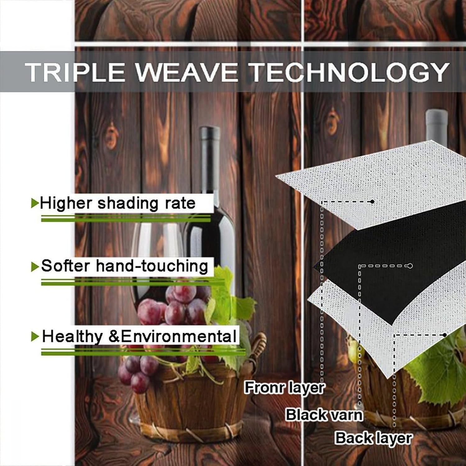 Wine Blackout Curtains, Drink Themed Collage on Wooden Backdrop Grapes and Meat Rustic Country Theme Window Drapes, for Kitchen Living Room Bedroom 21(W)*45(L) 2 Panels