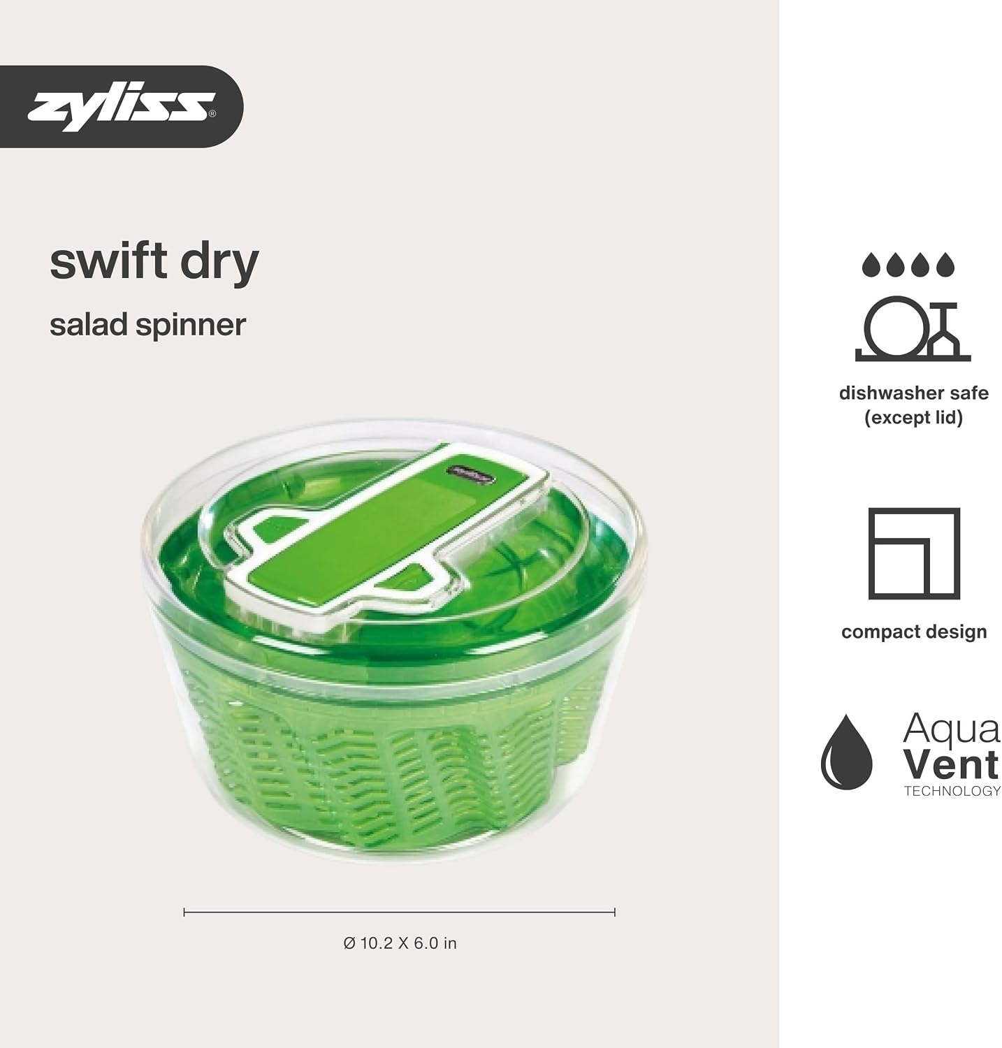 Zyliss Swift Dry Salad Spinner Large - Plastic Lettuce Colander and Spinner - Vegetable and Fruit Washer and Dryer - Dishwasher Safe Produce Tosser and Salad Spinner - Green, Large