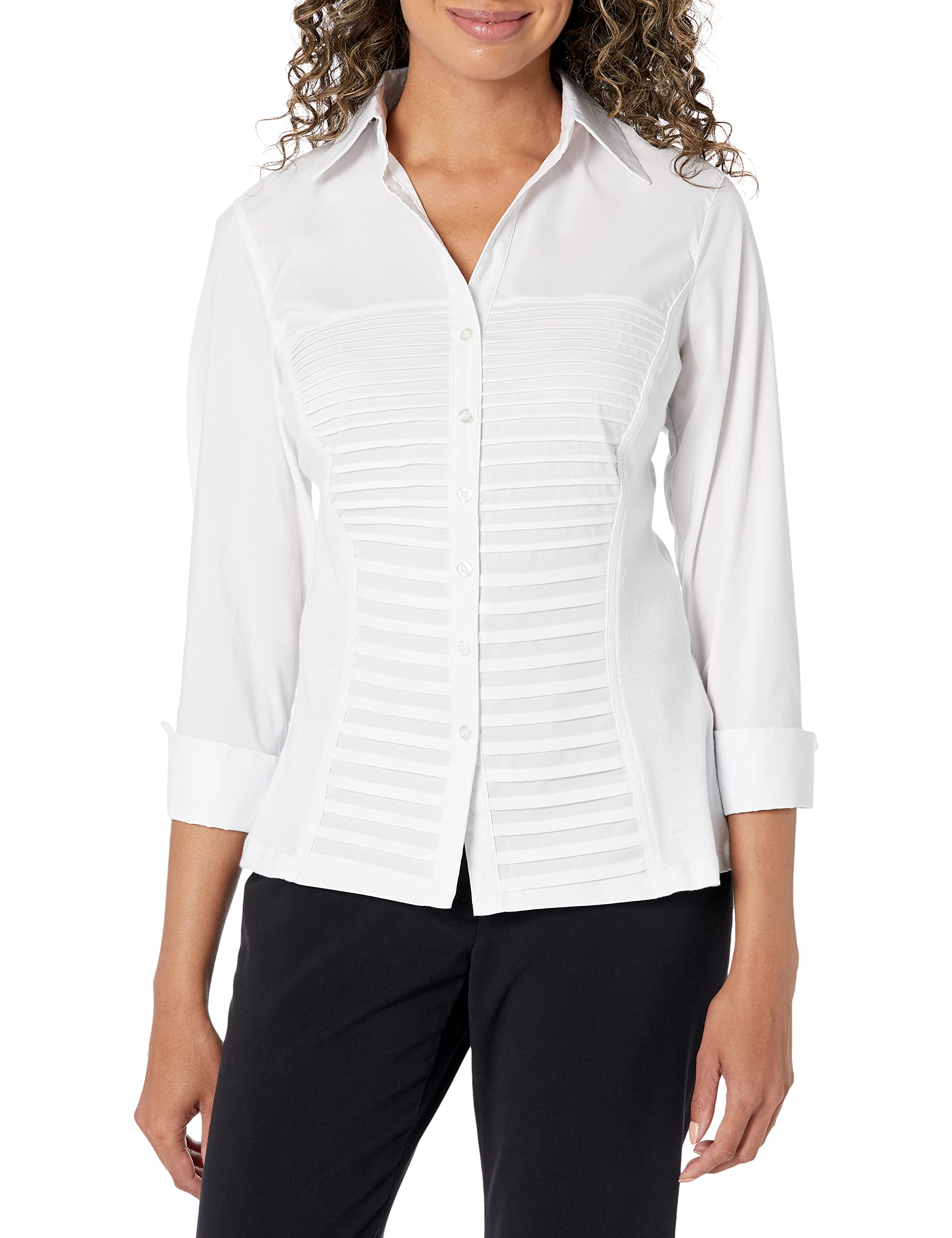 Zac & RachelWomen's 3/4 Cuff Sleeve Button Down Top with Ribbed Knit Inserts for a Comfortable Fit