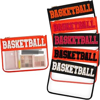 Aliceset 6 Pcs Basketball Chenille Letter Preppy Patch Makeup Snack Bags, Gift for Women Waterproof PVC Cosmetic Organizer Storage, Flat Clear Portable Toiletry Zipper Pouch(Orange, Black)