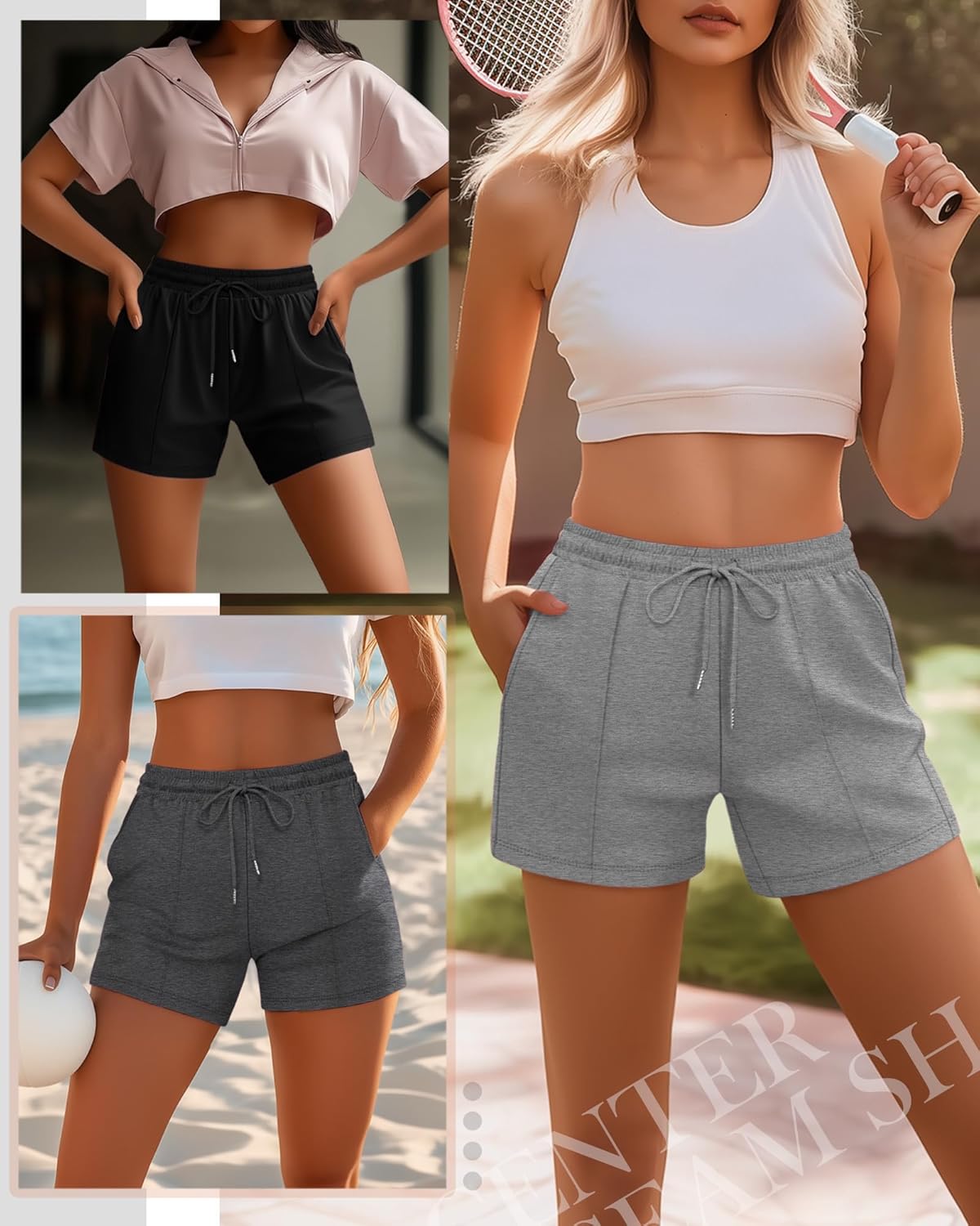 Neer 3 Pack Women's Sweat Shorts, Casual Drawstring Athletic Shorts Summer Lounge Loose Solid Active Short Pants with Pockets - Image 6