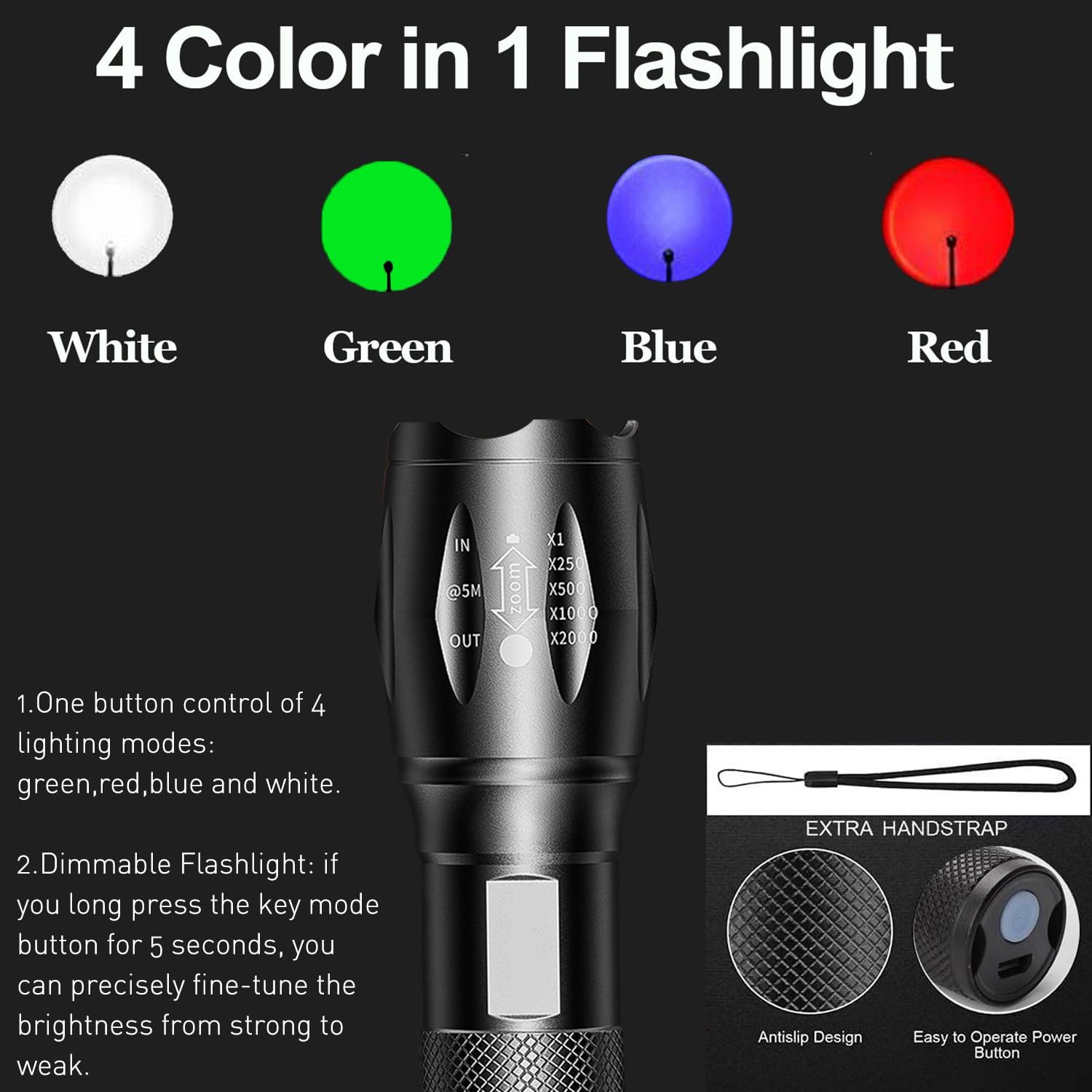 MVIOCS Multi-Color 4-in-1 LED Flashlight - Rechargeable White, Red, Blue, and Green Light - 4 Modes Zoomable for Camping Outdoors - Image 3
