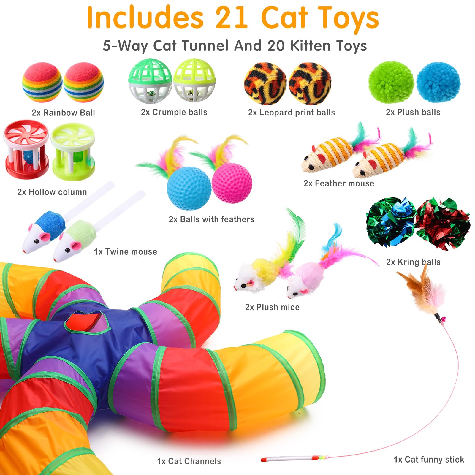 Poen Juego de 21 juguetes para gatos con túnel plegable de 5 vías para gatos de interior y 20 juguetes interactivos de plumas para gatos, bolas arrugadas, tubo grande para cachorros, gatitos, conejos