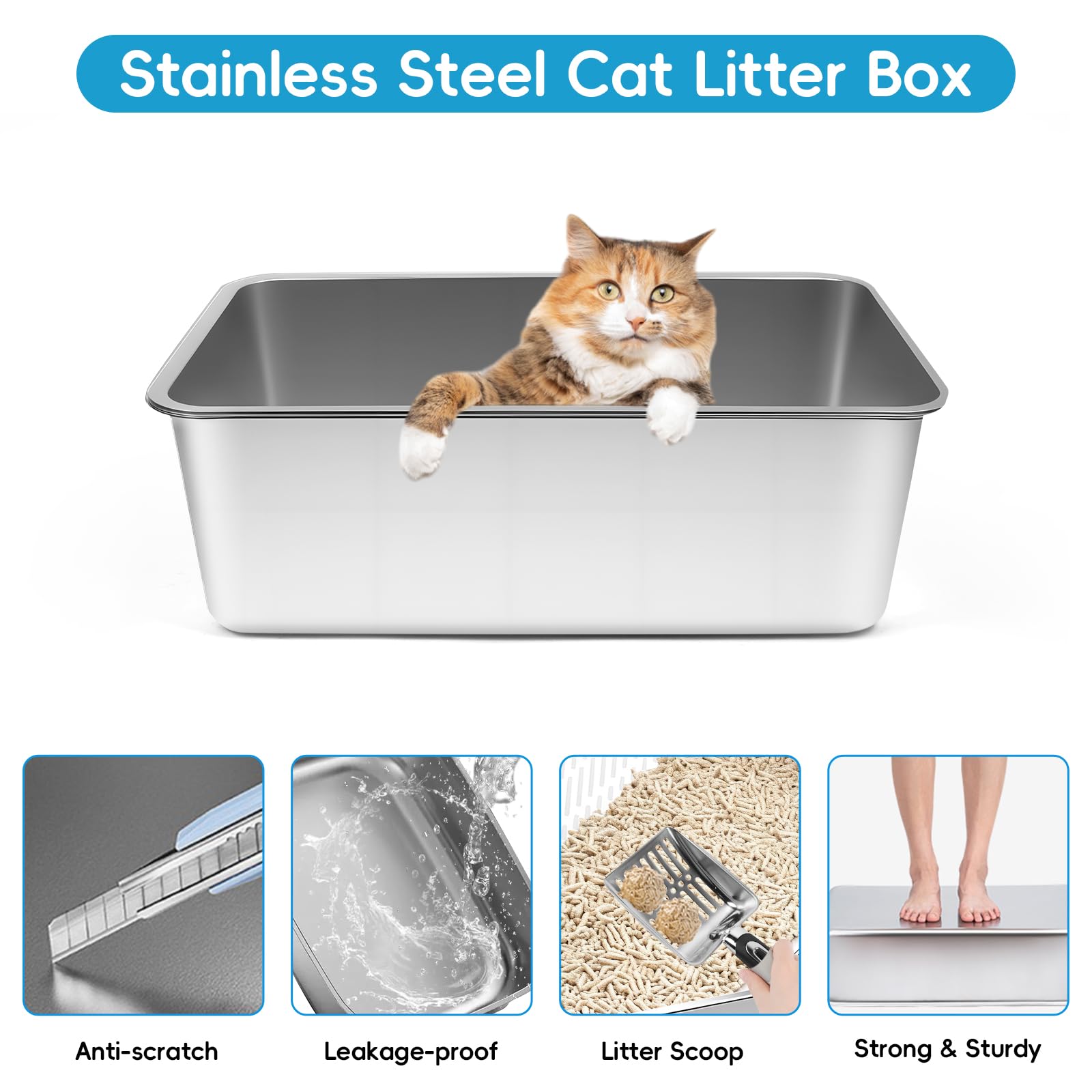 Stainless Steel Sifting Litter Box, 23.6" L x 15.7" W x 8" H Semi-Enclosed Metal Cat Litter Box with Sifting Pan, Scoop for Big Cat Easy Cleaning - image 6