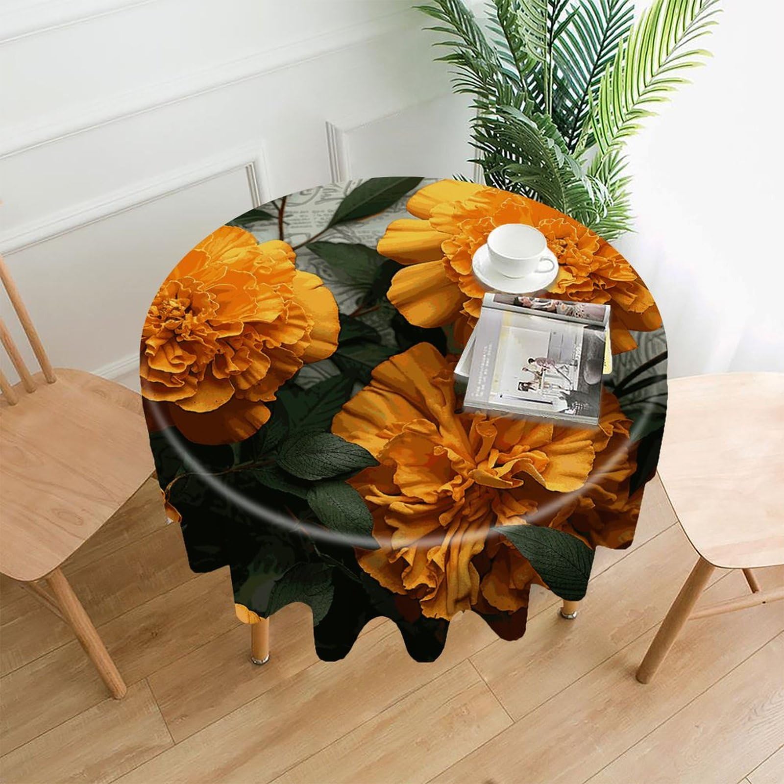 FekiLoot Marigold Round Tablecloth Cover 60 Inch Wrinkle Free Washable Polyester Fabric Table Cover Decorative Round Table Cloth for Home Dining Kitchen Party Farmhouse