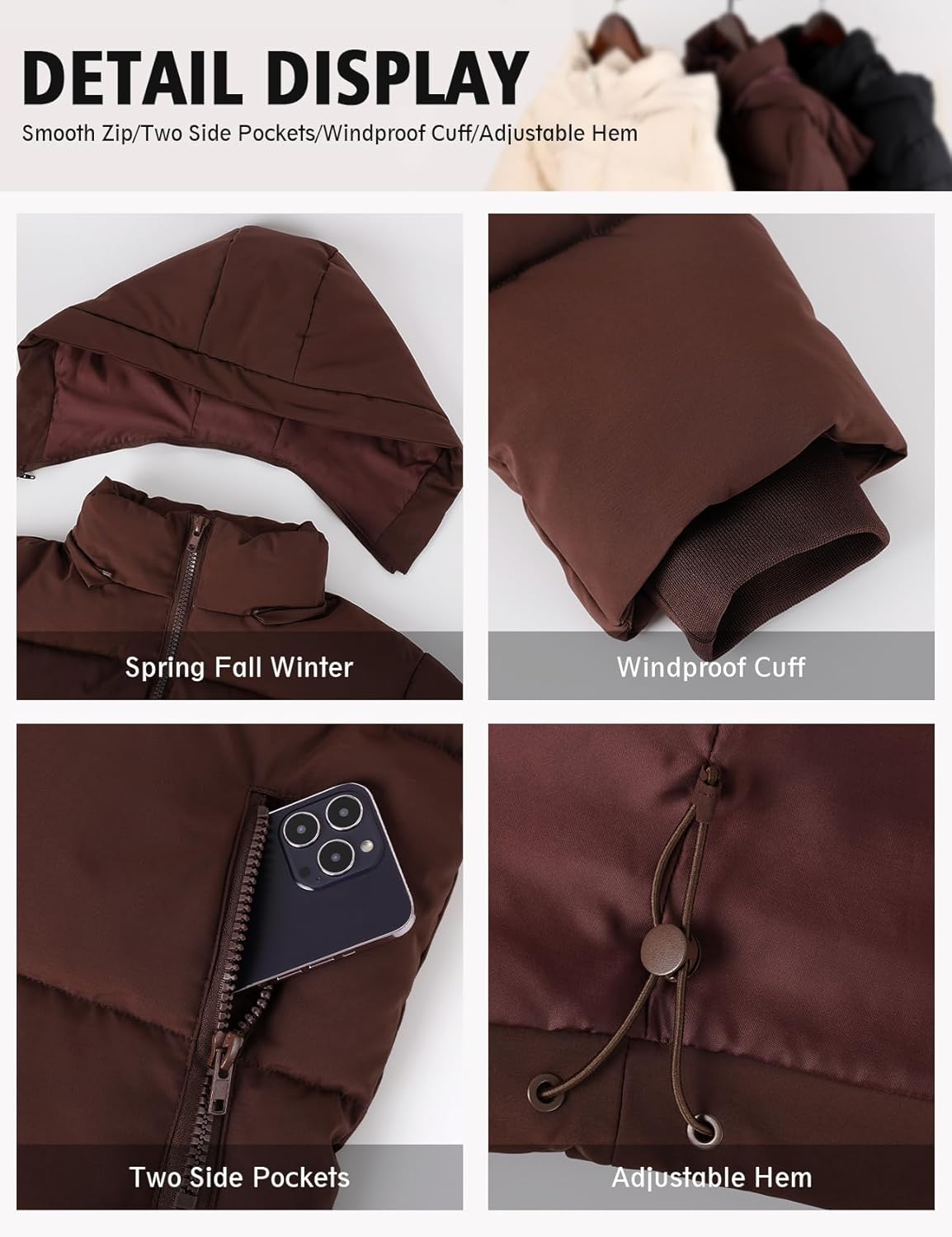 Wyeysyt Womens Cropped Puffer Jacket Warm Winter Quilted Jacket with Removable Hood Short Padded Coat - Image 3