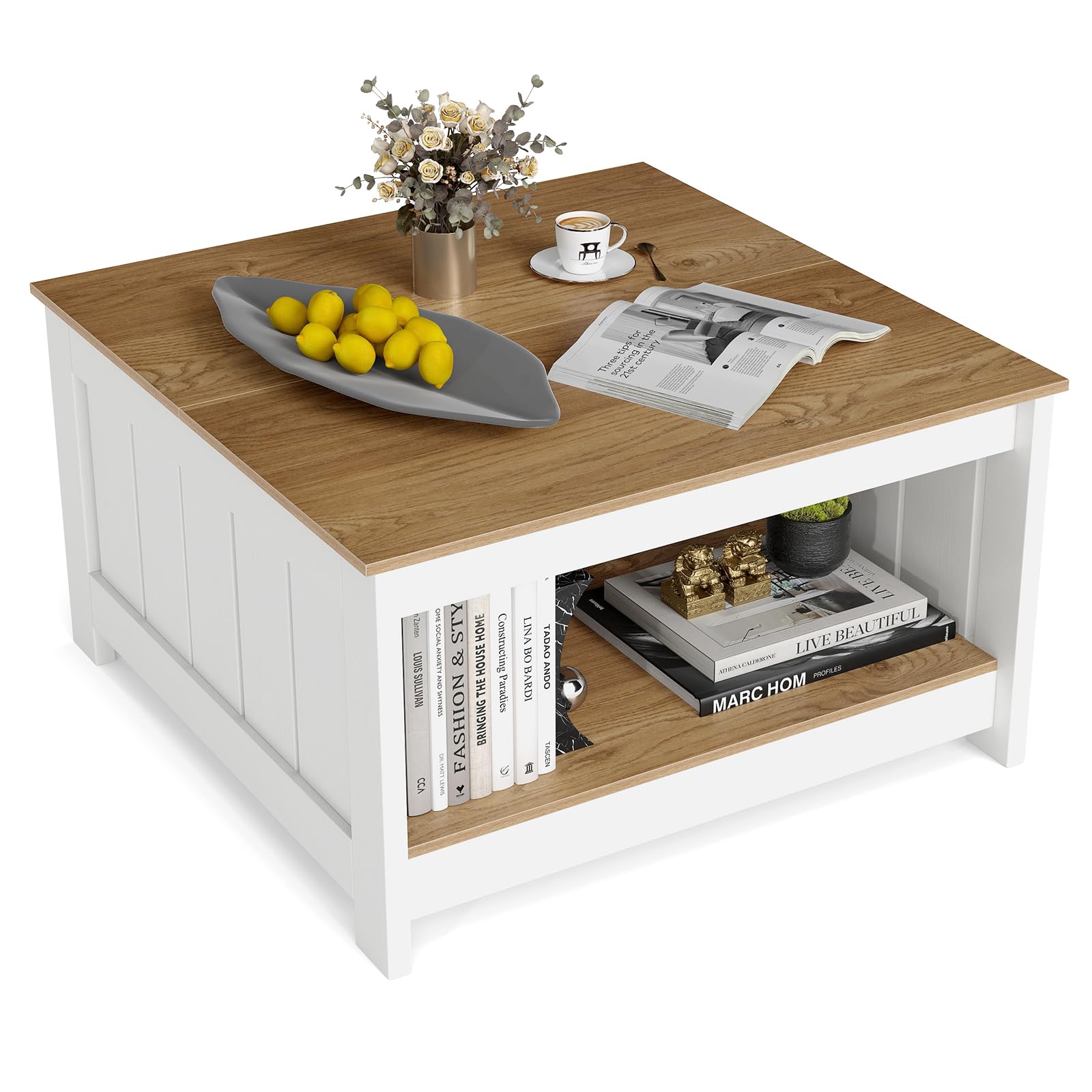 COSTWAY Mesa de Centro, Mesa de Cóctel Cuadrada con Estante de Almacenamiento, Mesita Rústica de Granja, Mueble de Salon, 80 x 80 x 45 cm