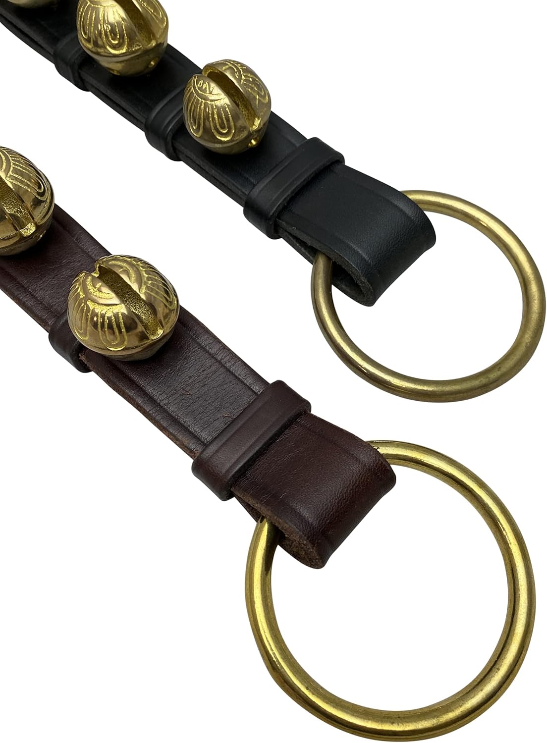 Shopkeepers' Brown Leather Door Hanger Jingle Sleigh Bells for Christmas Decor (16.5" Leather Strap, 5 Solid Brass Bell)