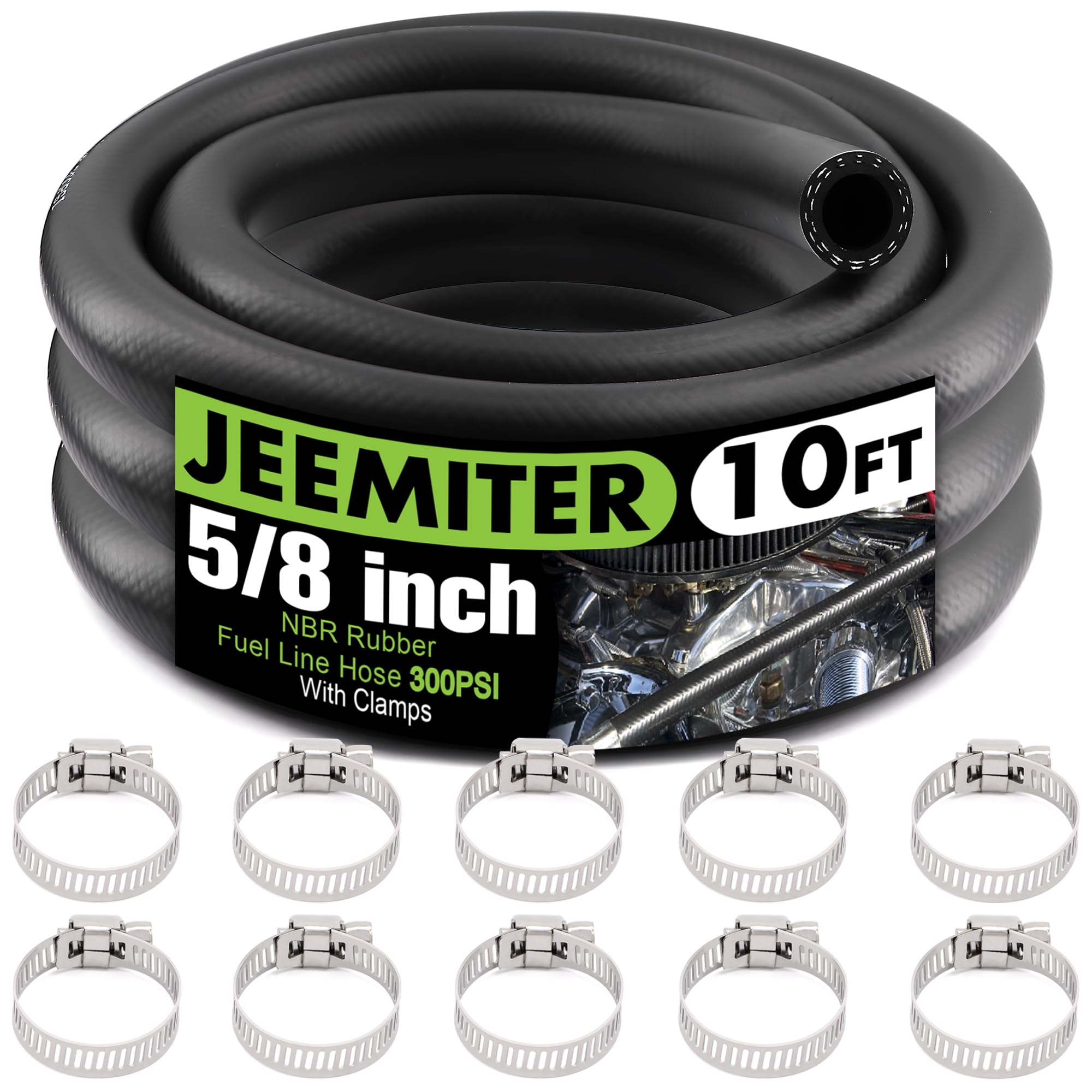 Jeemiter 5/8" ID Fuel Line Hose 10FT - Heavy Duty SAE 30R7 NBR Rubber for Diesel, Gas &amp; Oil - High Flow Large Diameter Kit with 10 Clamps for Diesel Trucks, Marine Use