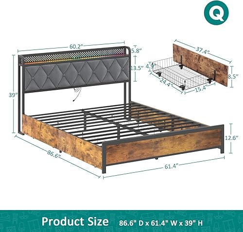 Miniatura 2 de Base de cama tamaño Queen, cabecera LED con estación de carga, cama de plataforma con 4 cajones, almohadilla de tela tapizada, sin ruido, no
