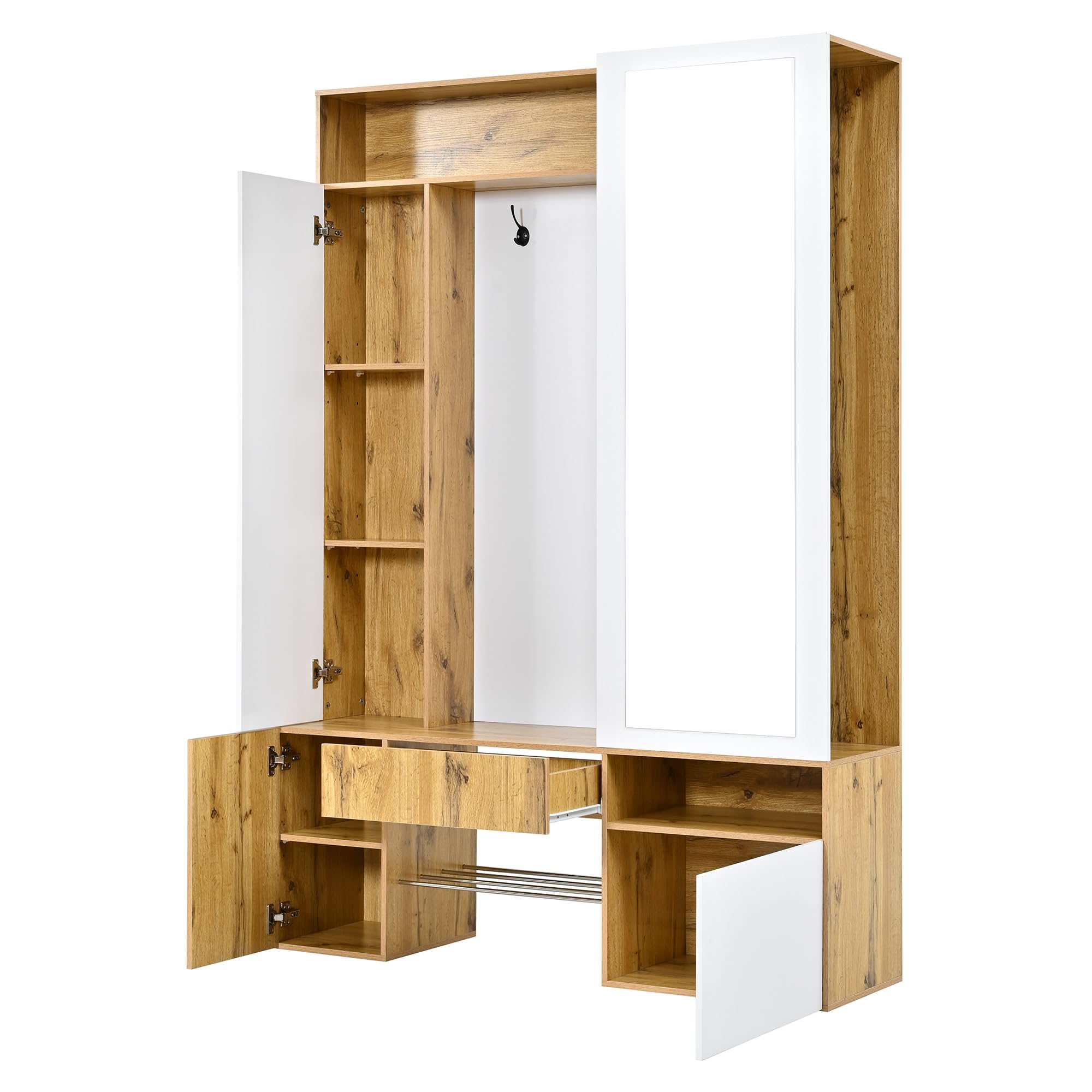 Perchero de madera MDF con espejo, color blanco natural