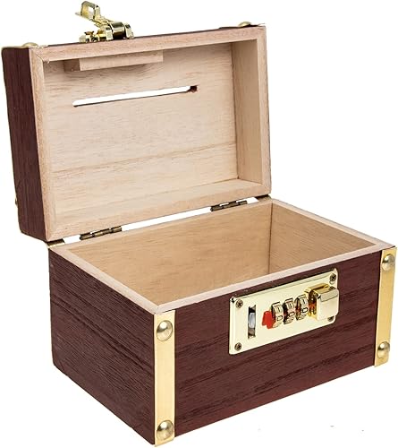 BESPORTBLE Caja de almacenamiento de monedas, alcancía de madera, caja de dinero con cerradura tallada de madera, juguete de madera vintage para