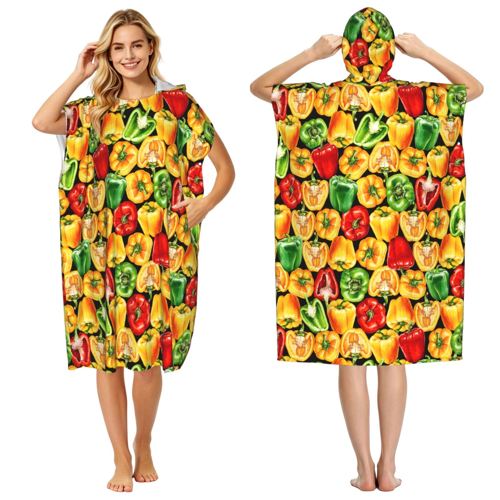 Poadnly Watercolor Bell Pepper, Adult Hooded Beach Towel 90 x 110 cm,Changing Bath Robe, Surf Poncho Towel For Women Men