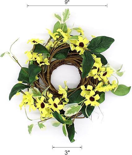 Miniatura 6 de CVHOMEDECO. Rustic Country - Corona artificial de margaritas amarillas y ramitas, corona verde completa durante todo el año para exhibición en