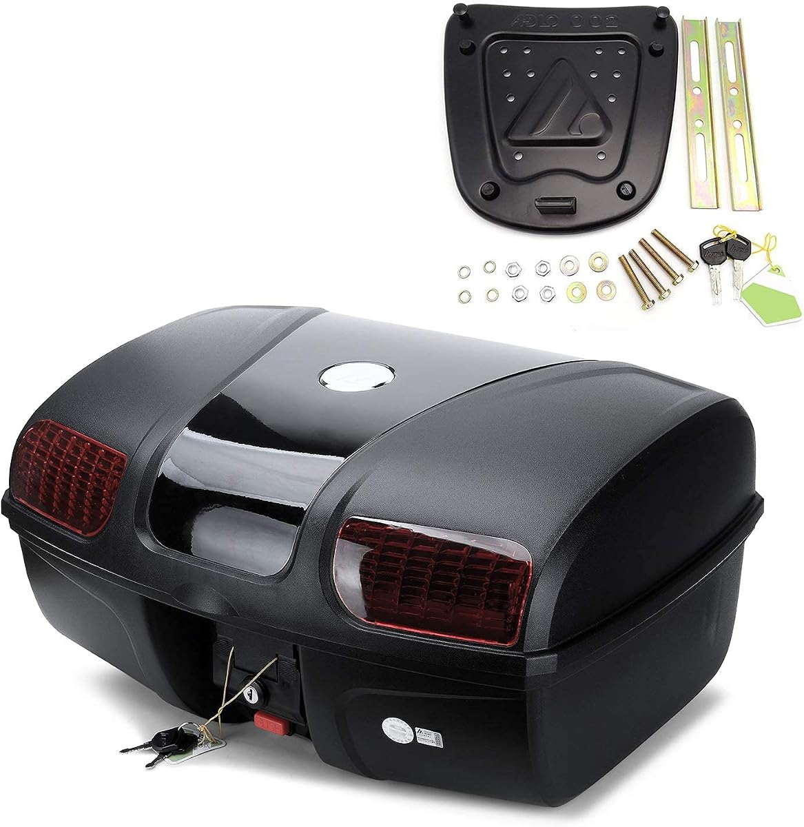Estuche universal para almacenamiento de equipaje en el maletero trasero de la motocicleta, estuche rígido de 47 litros con accesorios de montaje, con luz LED, negro