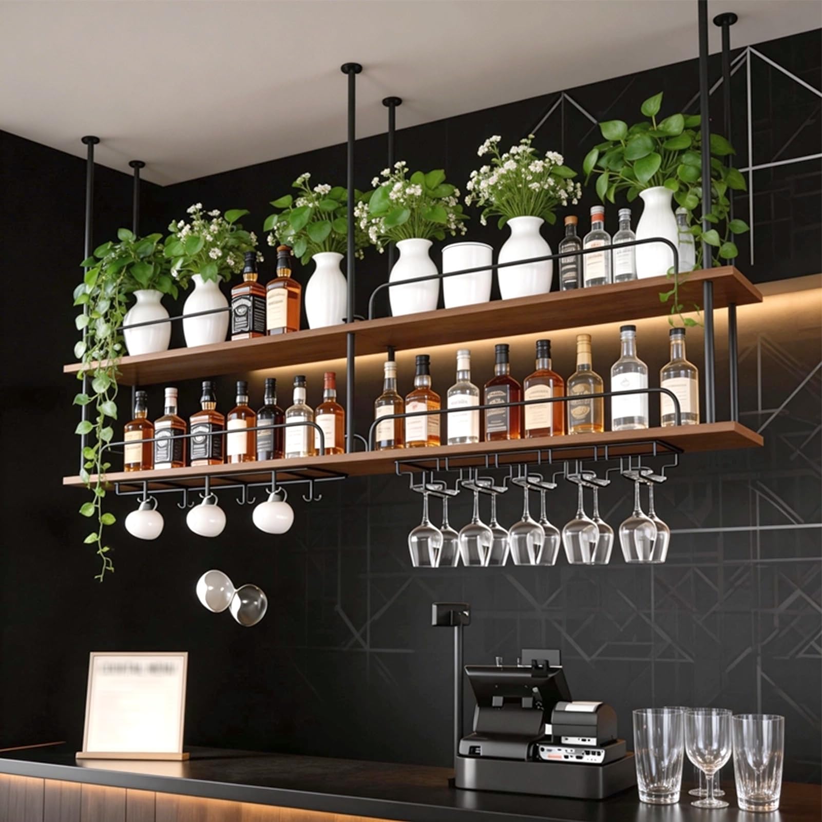 MARXAN Support de Rangement en Fer Massif, casier à vin, Planche Suspendue pour Plantes Vertes, étagère à Deux Couches pour Restaurant, Bar, Cuisine à Domicile, Support pour Verres à Pied