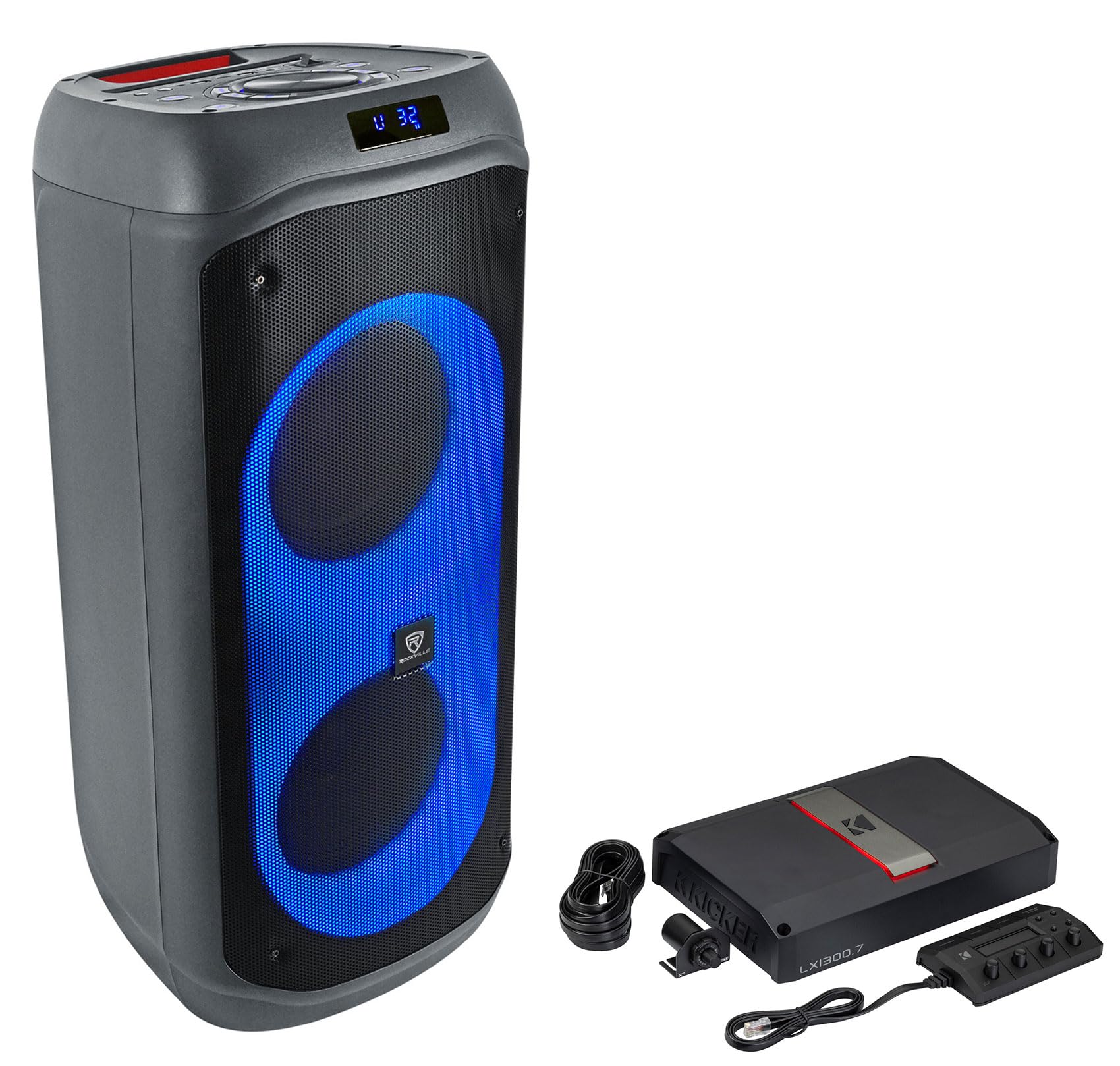 Audiosavings Bundle: Kicker 51LX13007 7-Channel Class-D Car Audio Amplifier Bundle with Rockville BASS Party 8 Dual 8