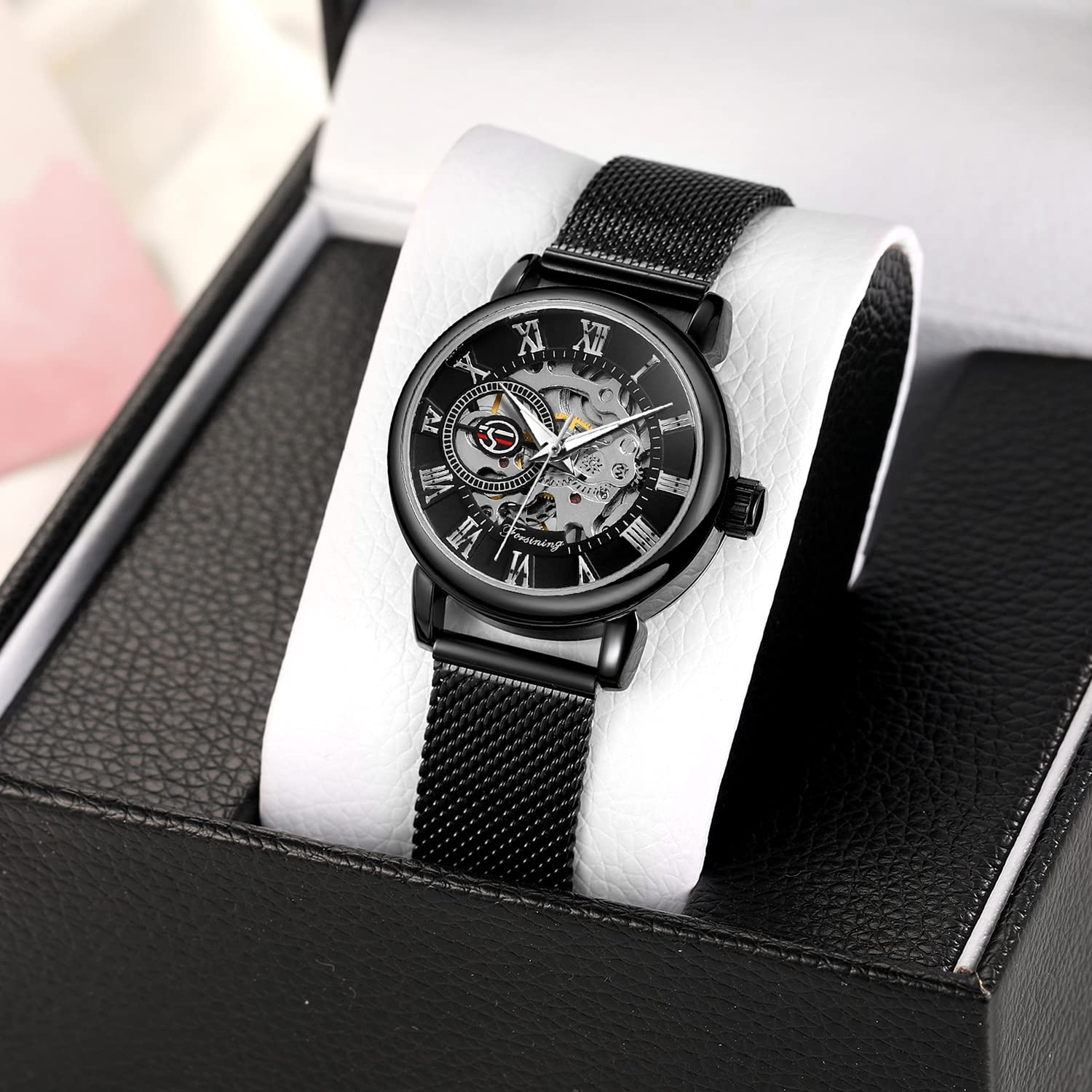 Gosasa Orologio da polso da donna con scheletro, alla moda, meccanico, a carica manuale, cinturino in rete, numeri romani, casual, orologio da polso