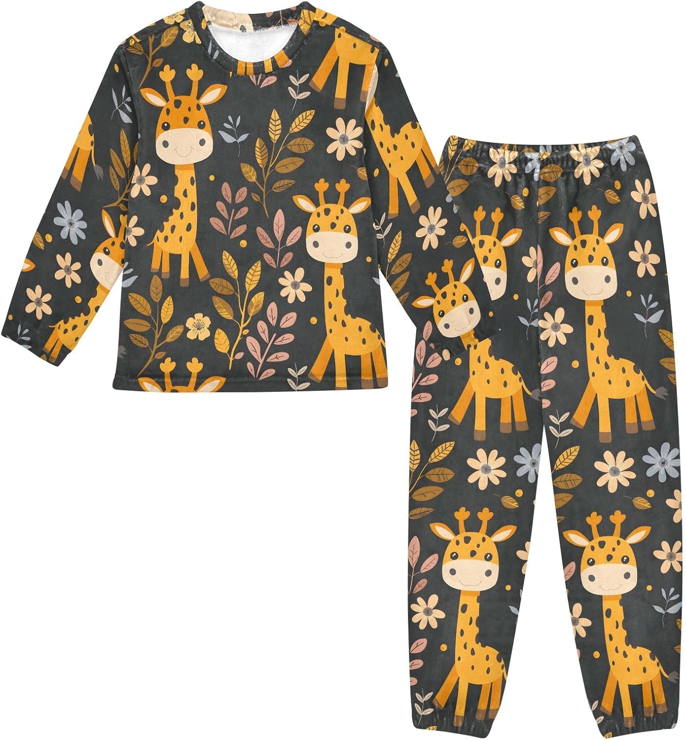 Kids Flannel Sets Giraffe and Flowers Warm Plush Relaxed Clothing for Boys and Girls