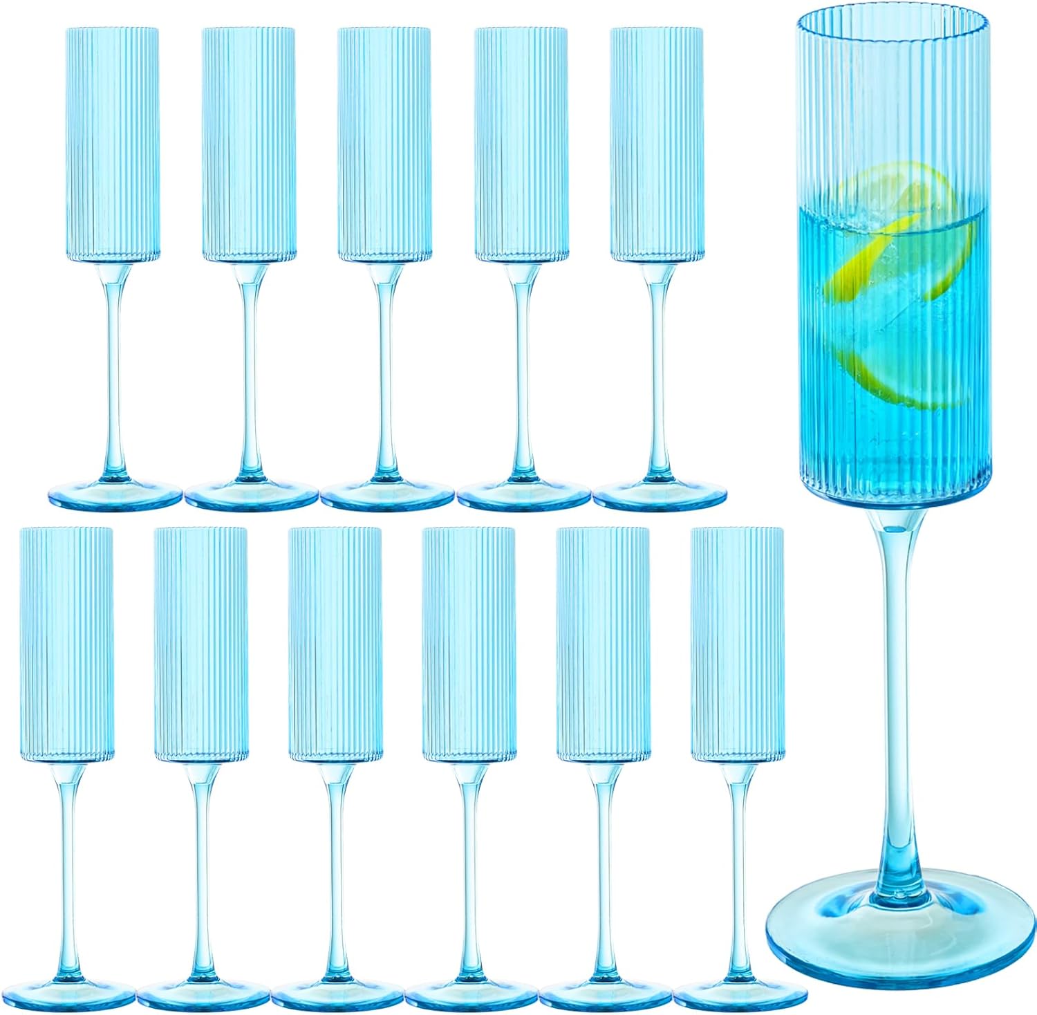 24Pieces Clear Plastic Wine Glasses 6OZ Ribbed Champagne Flutes Mimosa Bar Toasting Glass Champagne Long Stem Vintage Drinking Colored Glasses,Plastic Goblets for Wedding Cocktail Cups,Cava,Prosecco