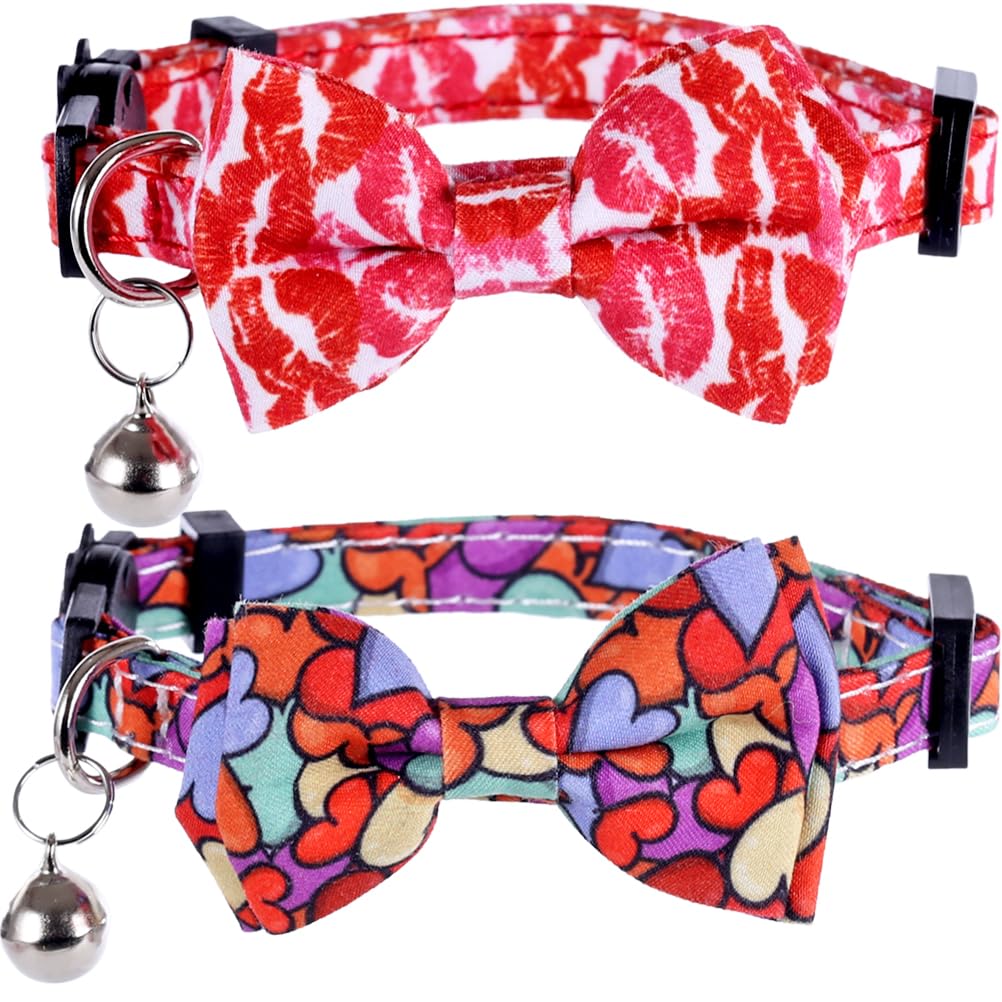 Valentine's Day Cat Collar Breakaway with Cute Bow Tie and Bell for Kitty Adjustable Safety Love Heart