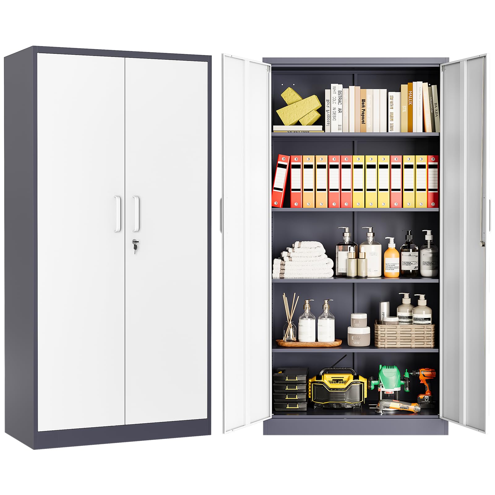 Aktenschrank Aufbewahrungsschrank mit Schloss Stahlschrank Stahlspind Mehrzweckschrank Metallschrank mit 2 Türen für Büro Haus Garage Fitnessstudio Schule 170X78X39cm Grau Weiß