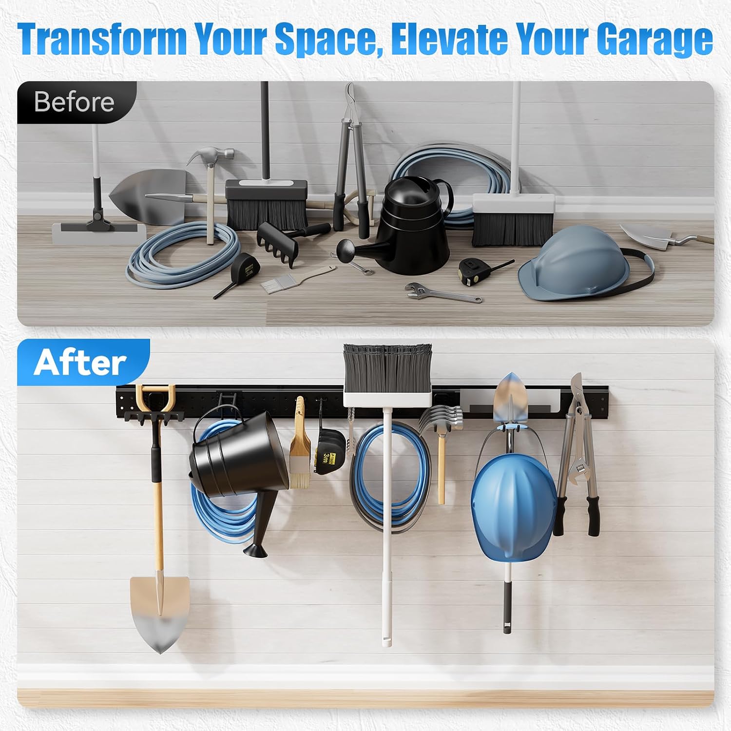 66" Garage Tool Organizer Wall-Mounted, Heavy Duty Garage Wall Organizer with 13 Adjustable Hooks, Garden Tool Storage Rack, Holds Up to 500 lbs