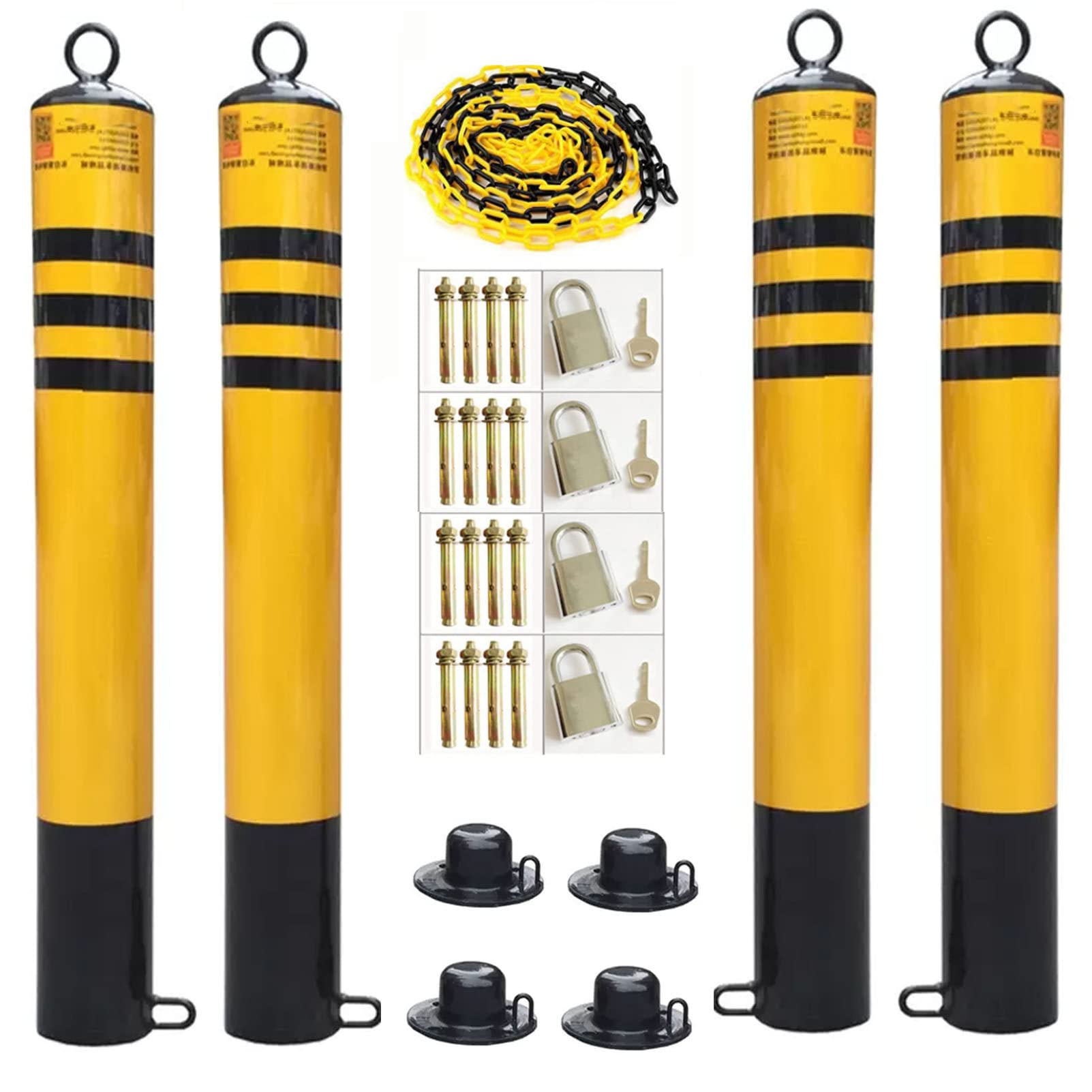 CWCQGH Security Barrier, Driveway Round Parking Post Security Bollard Pack of 4 with Locks and Bolts 76x mm (76x800mm)
