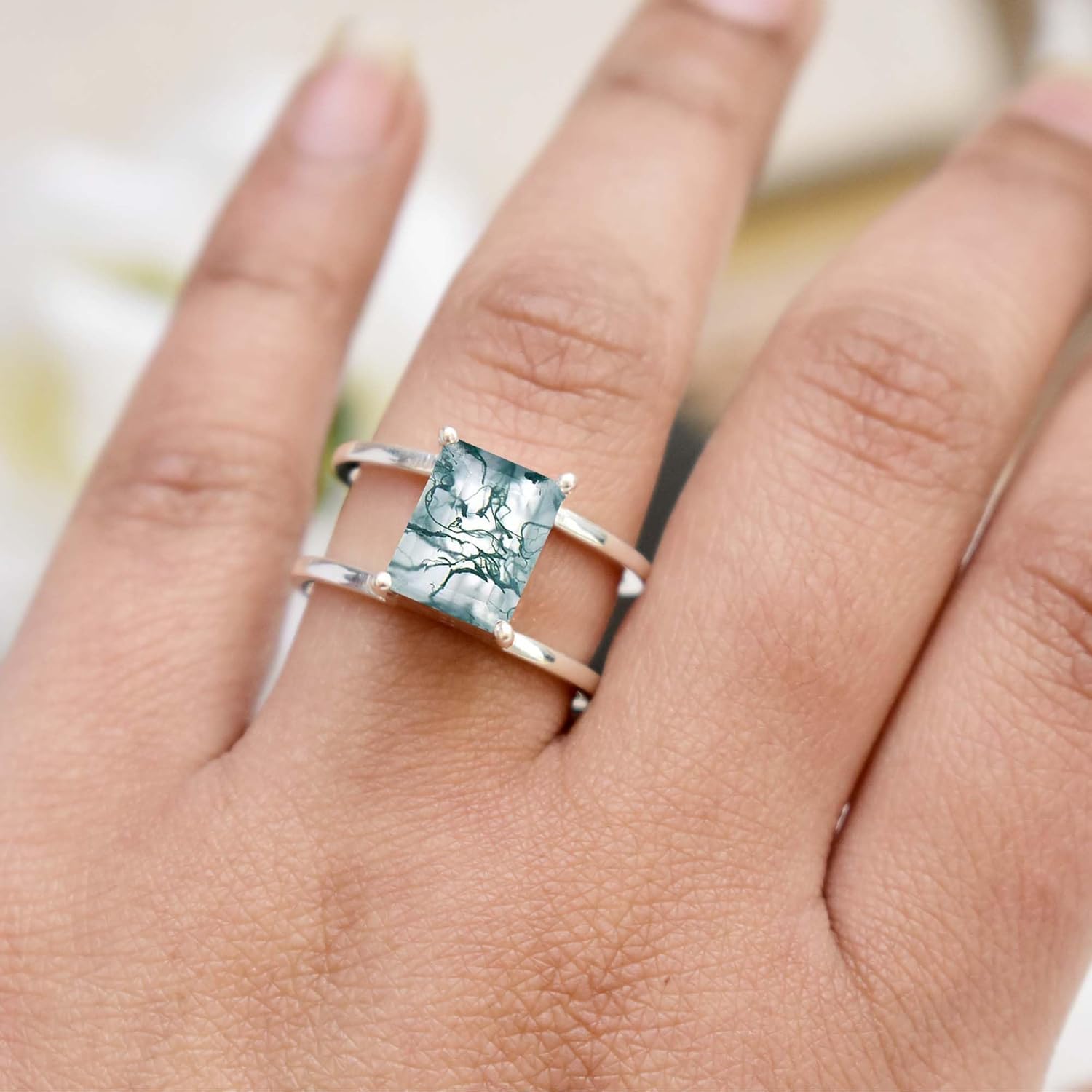 Emerald Cut Moss Agate Ring Natural Gemstone Ring Stackable Double Band Jewelry Handmade Ring Solid 925 Sterling Silver Ring Green Agate Ring for Women Best Best Gifts Ideas