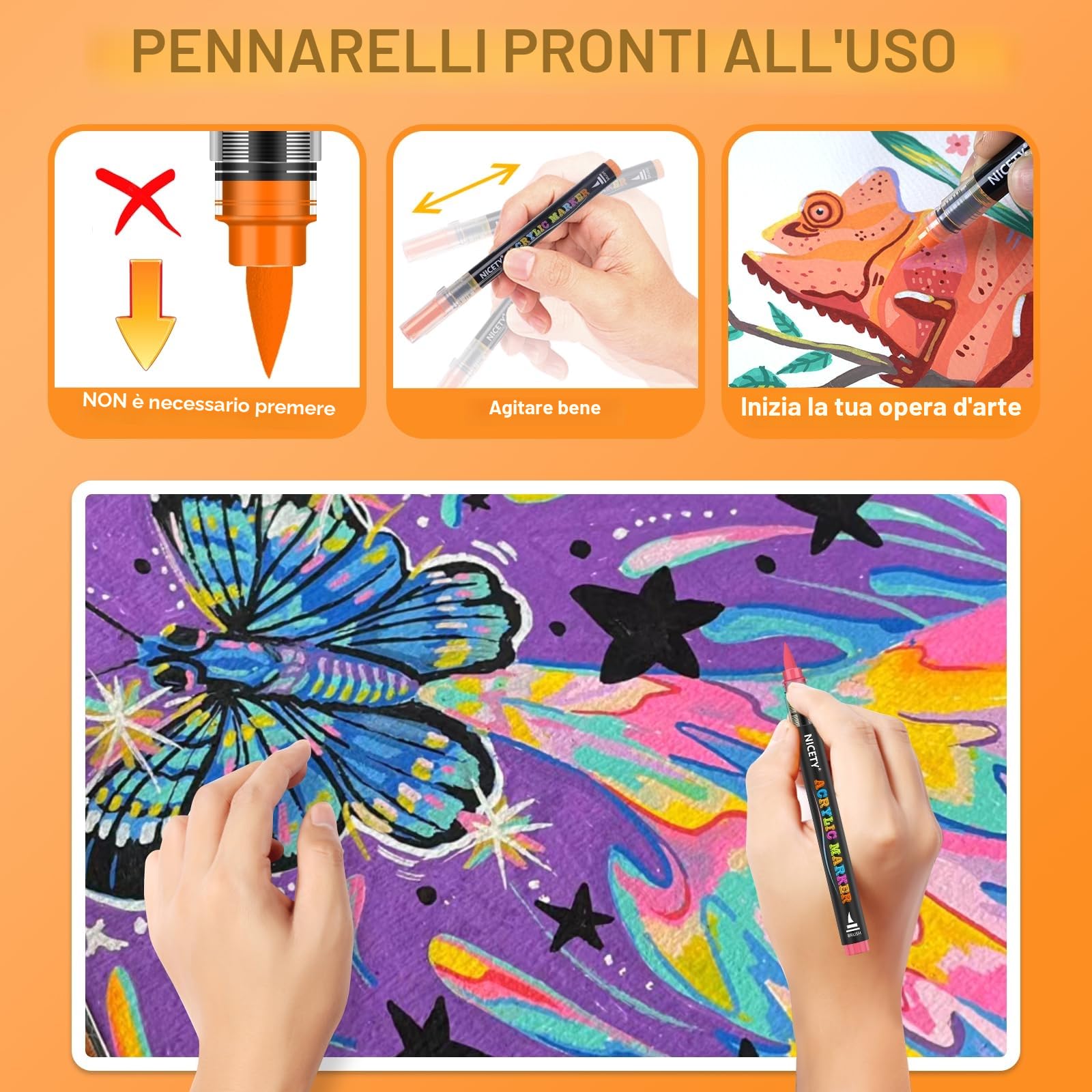 NICETY - Penne acriliche 180 colori - Pennarelli con punta pennello per pittura su pietra, legno, vetro, ceramica - Punta pennello 1-6mm, pennarelli acrilici a base d'acqua per adulti