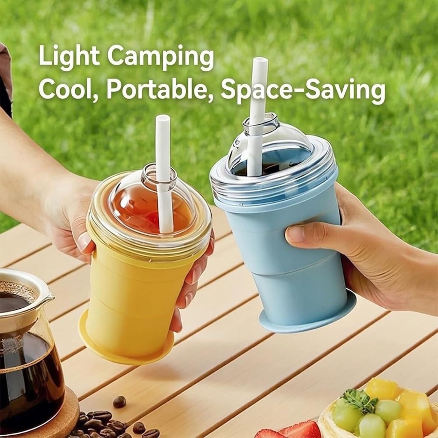 2-in-1 Collapsible Silicone Ice Ball Maker Cup, 6cm Spherical Ices Mold, Reusable Portable Ice Sphere Mold with Straw, Leakproof Travel Tumbler for Coffee, Juice, Home, Gym, Outdoor (Blue+Blue)