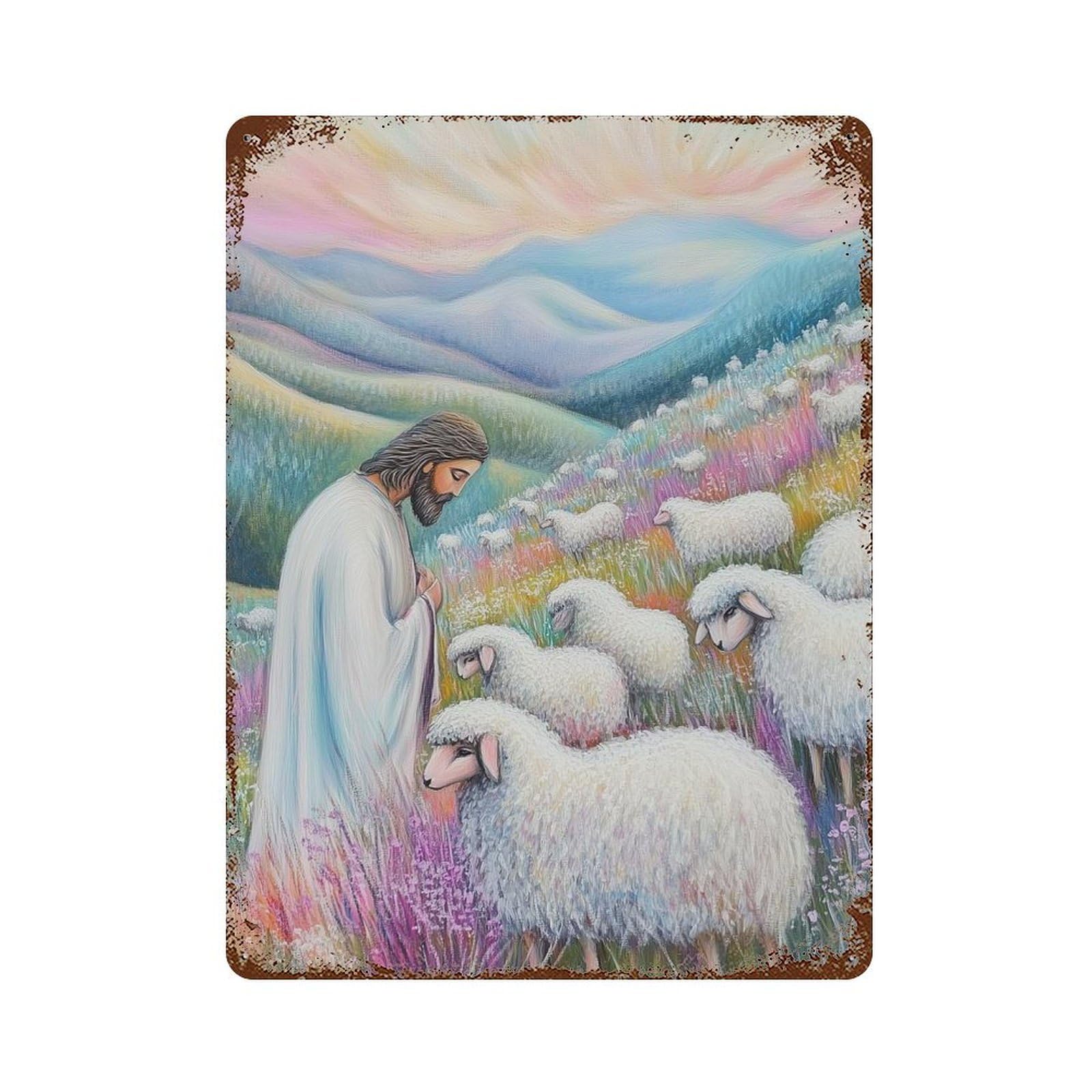 Vintage Rust Metal Sign Jesus And Lambs 15.7"x11.8", Novelty Wall Decor for Garage, Bar And Workshop Decor