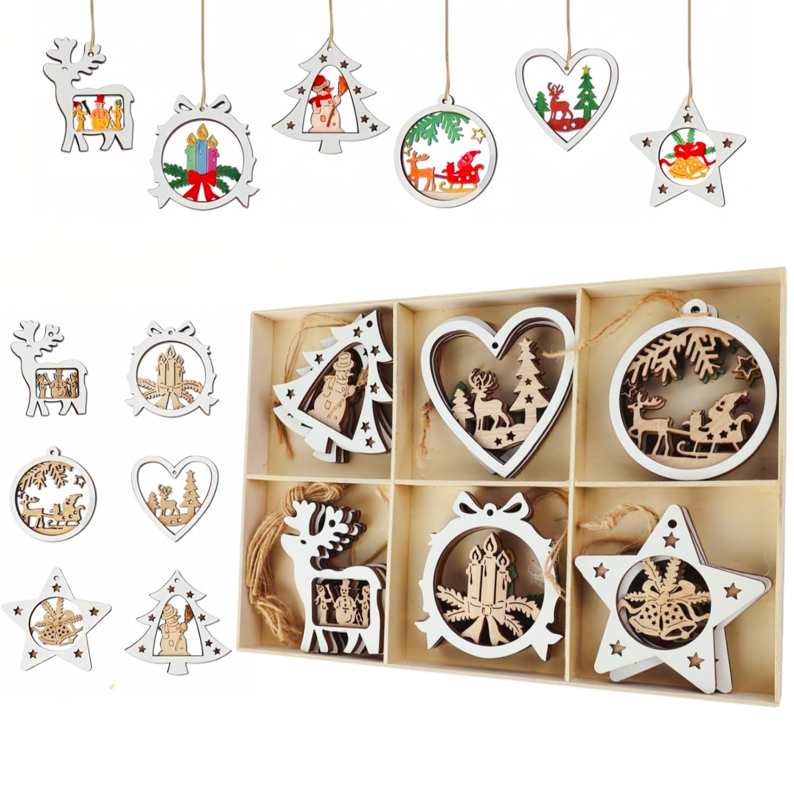 MHwan Adornos Arbol Navidad, 18 Piezas Decoracion Arbol Navidad de Madera Natural, Adornos Navideños de Bricolaje Resistentes y Duraderos, Se Puede Pintar para Crear Decoraciones únicas