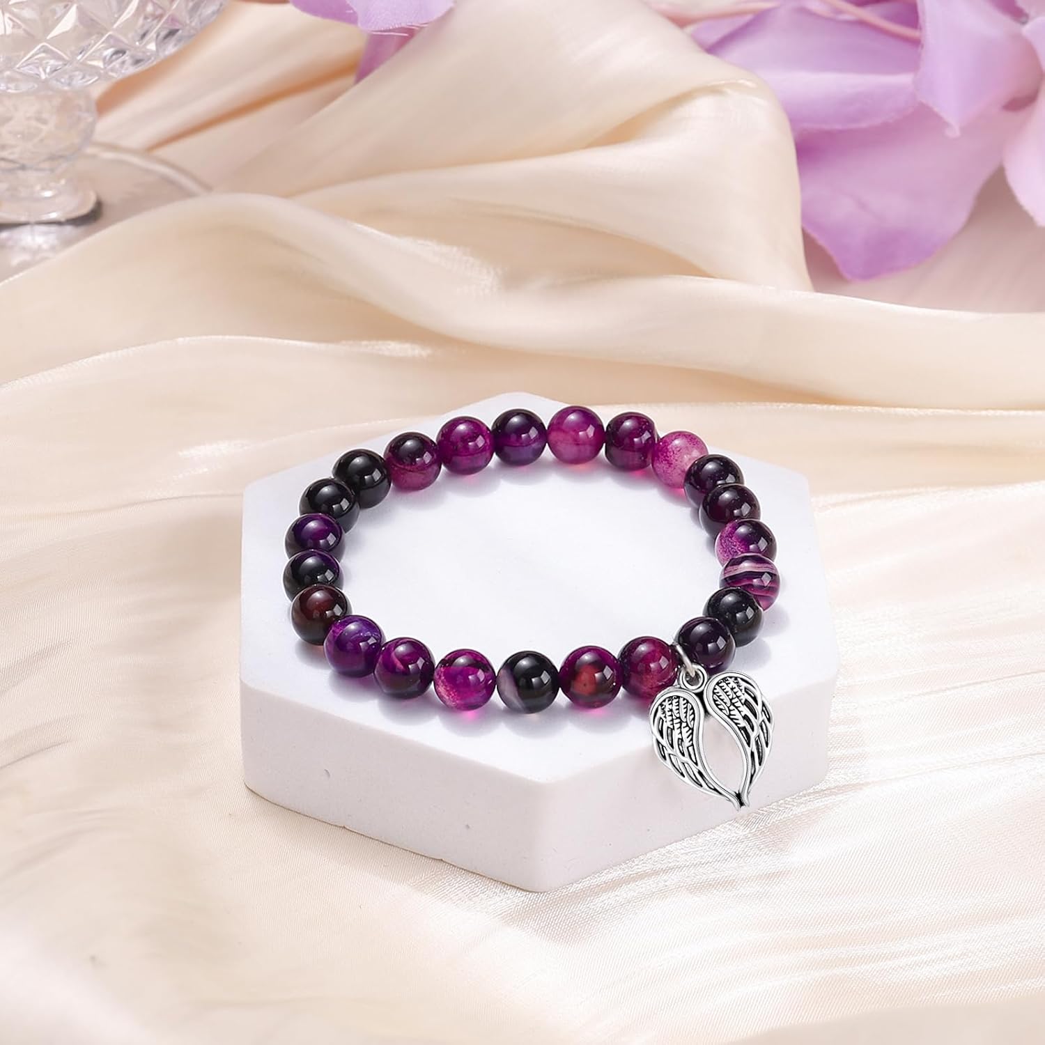 Sympathy Gifts for Loss of Loved one Memorial Healing Remembrance Condolence Grief Present for Women Pink Beads Bracelet With Angel Wings - Image 6