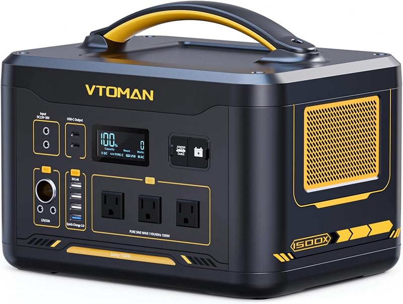 VTOMAN Jump1500X 1500W Portable Power Station, 828Wh LiFePO4 Battery | Solar Generator with Jump Start, 100W PD Type-C and Expandable 2376wh Capacity for Camping RV Home Backup