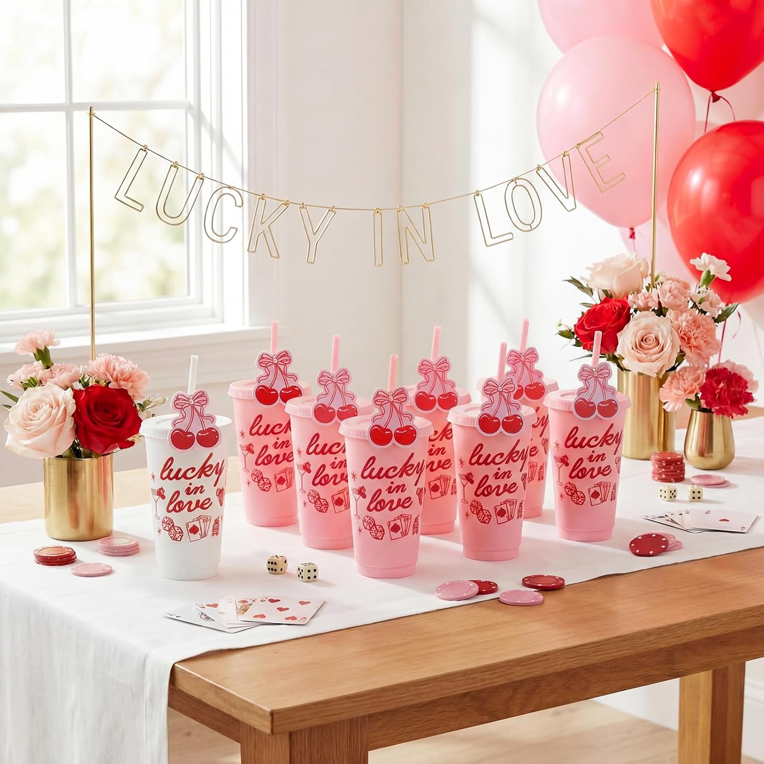 8 Sets Lucky in Love Bachelorette Cups 24 oz Plastic Tumbler with Straw and Lid Cherry Tags Las Vegas Bachelorette Party Favors Bride Bridesmaid Party Cups Bridal Gifts Supplies