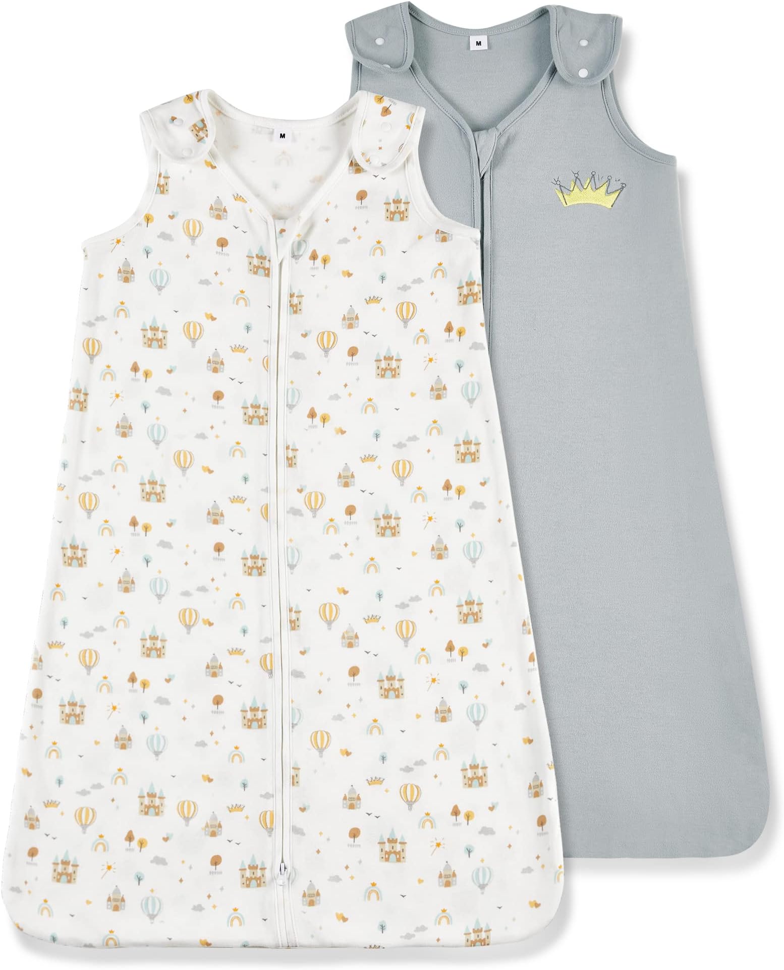 TILLYOU Cotton Sleep Sack 2 Pack - TOG 1 Baby Wearable Blanket with 2-Way Zipper, Extra Soft Sleeveless Sleeping Bag for Infants, Balloon Castle & Light Grey, 12-18 Months