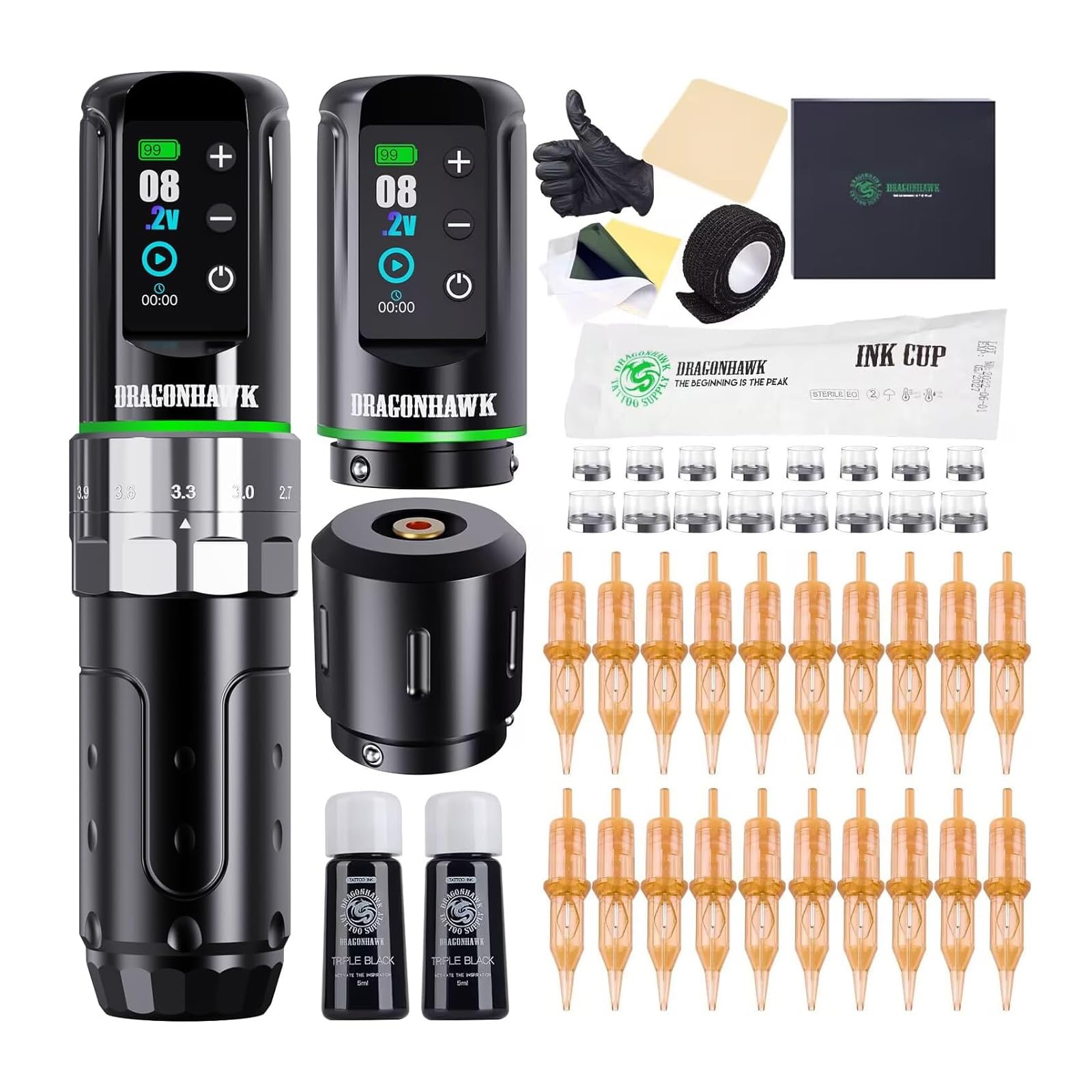 Dragonhawk Tattoo Kit, L3 Cordless/Cord Complete Kit Rotary Pen Tattoo Gun, 2 Batteries, Power with Extra Battery RCA Jack Part for Artis