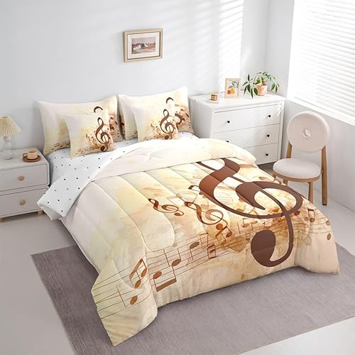 Miniatura 3 de Erosebridal Musical Notes King Size Comforter Set, Retro Rotating Music 7-Piece Bed in A Bag, Grunge Style Sheets and Pillowcases, Brown Tie Dye