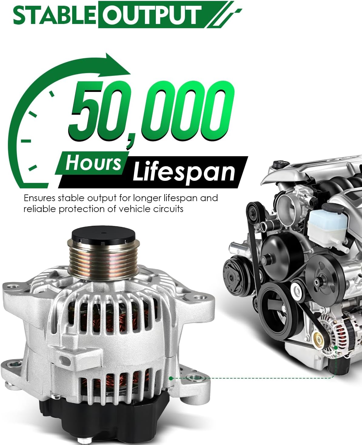 Stable Output Alternator for:-Kia Optima 2.0L 2012-2013 Sorento 2.4L 2011-2012, for:-Hyundai Sonata 2.0L 2011-2014 Santa Fe 2.4L 2010-2012 L4 12V 110Amp 6 Grooves, OE# 37300-2G600 11493